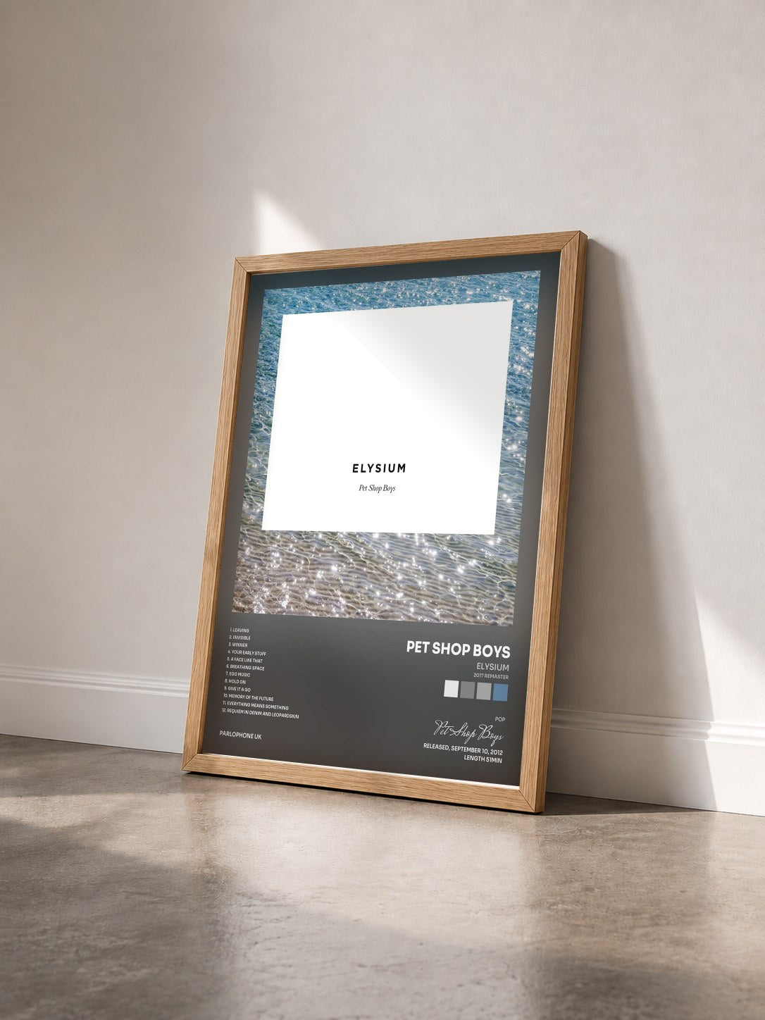 #bois Tableau de l'album Elysium (2017 Remaster) de Pet Shop Boys vu de trois quarts, cadre en bois brut