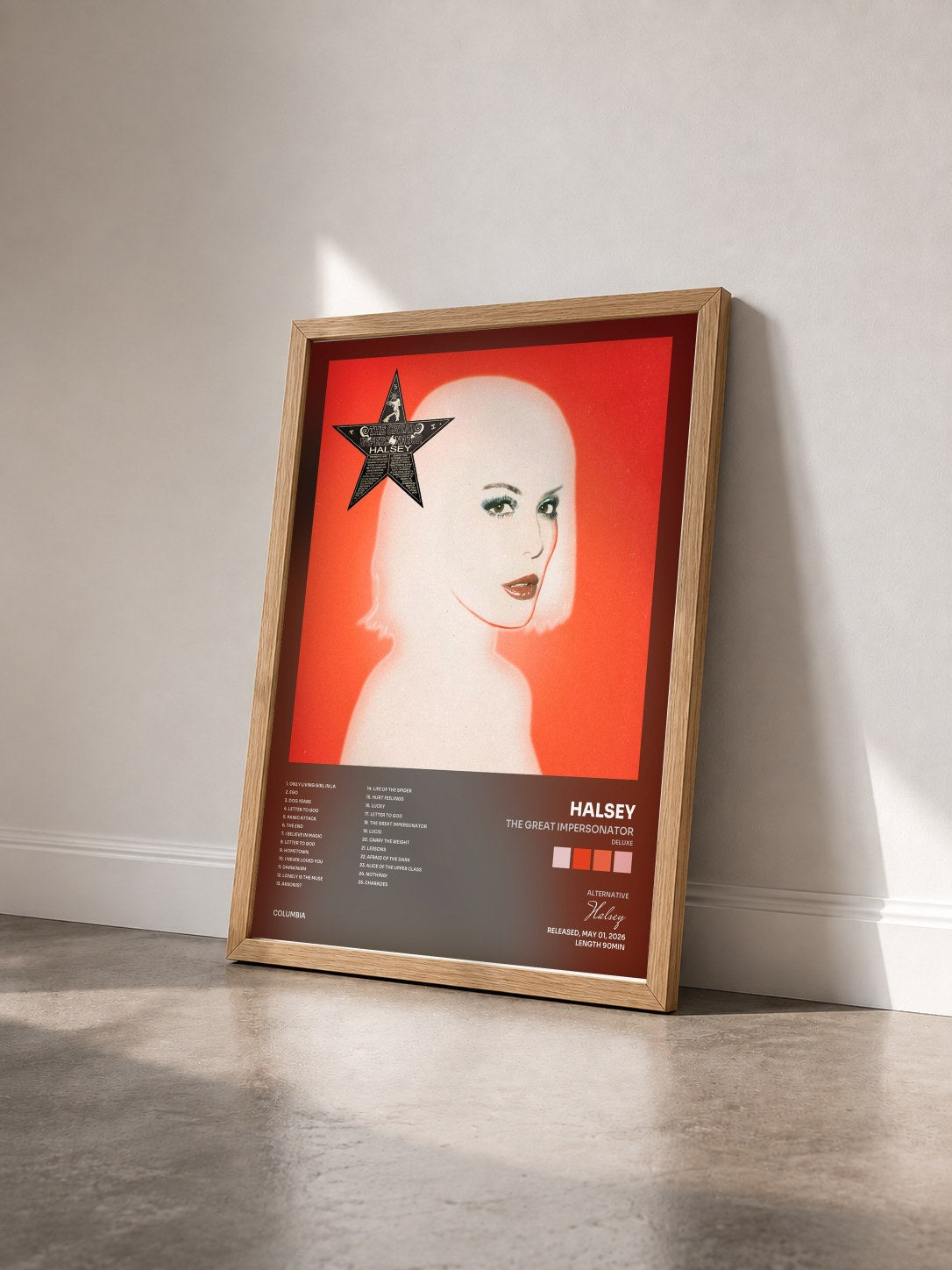 #bois Tableau de l'album The Great Impersonator (Deluxe) de Halsey vu de trois quarts, cadre en bois brut
