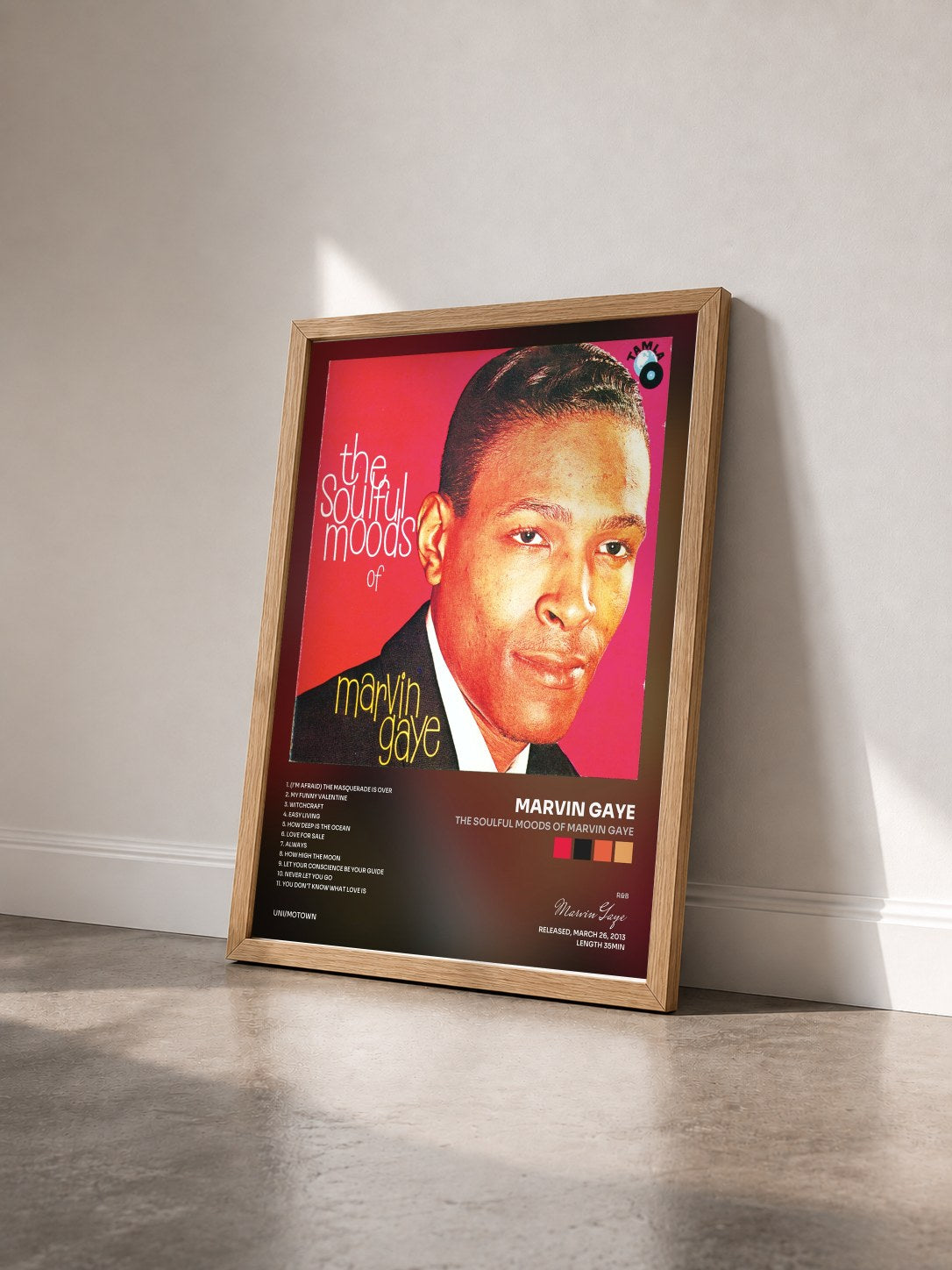 #bois Tableau de l'album The Soulful Moods Of Marvin Gaye de Marvin Gaye vu de trois quarts, cadre en bois brut