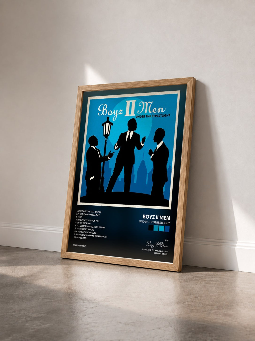 #bois Tableau de l'album Under the Streetlight de Boyz II Men vu de trois quarts, cadre en bois brut