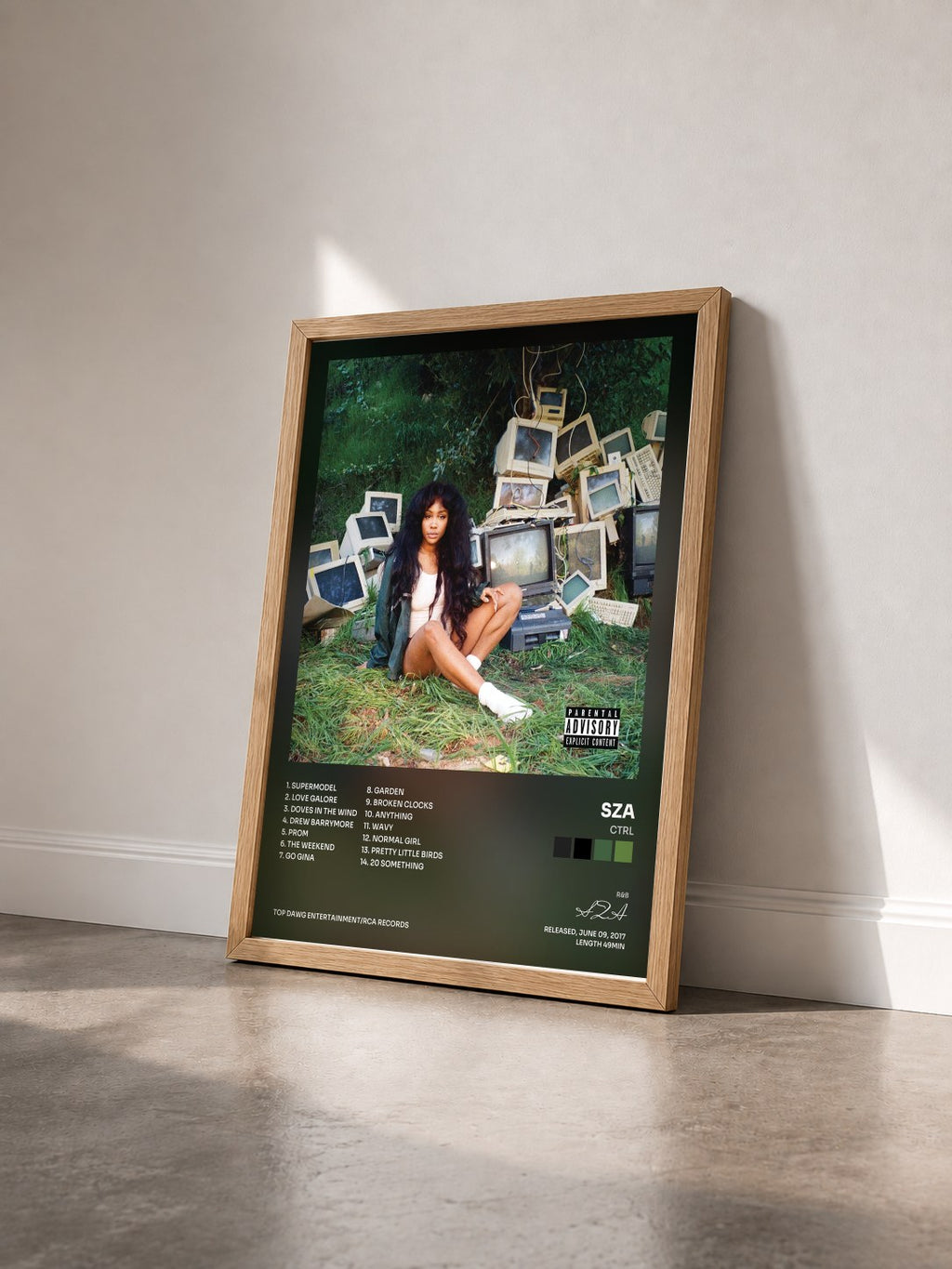 #bois Tableau de l'album Ctrl de SZA vu de trois quarts, cadre en bois brut