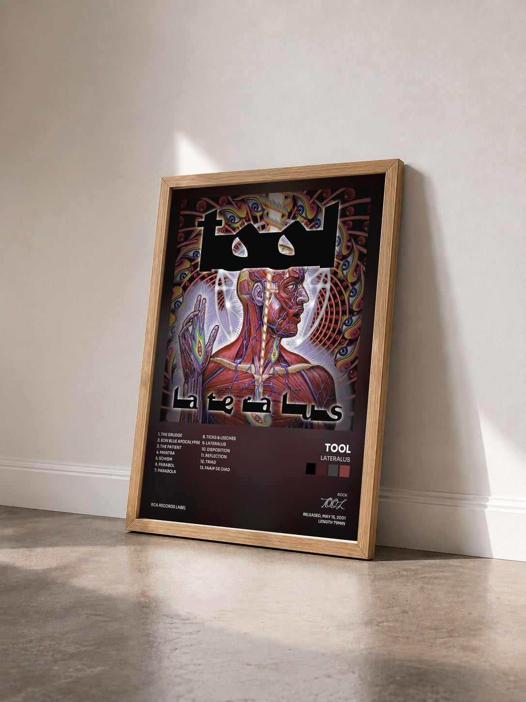 #bois Tableau de l'album Lateralus de TOOL vu de trois quarts, cadre en bois brut