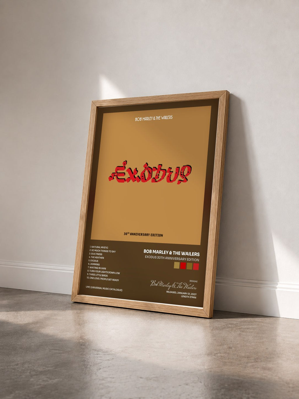 #bois Tableau de l'album Exodus 30th Anniversary Edition de Bob Marley & The Wailers vu de trois quarts, cadre en bois brut