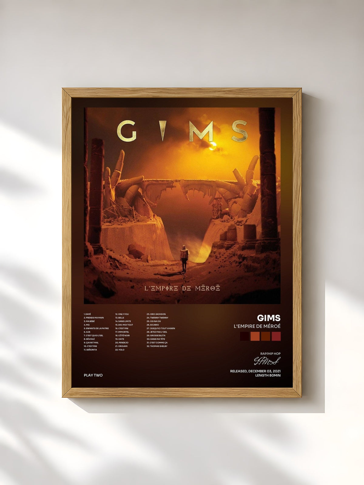 #bois Tableau de l'album L'EMPIRE DE MÉROÉ de GIMS, cadre en bois brut, imprimé et encadré en France