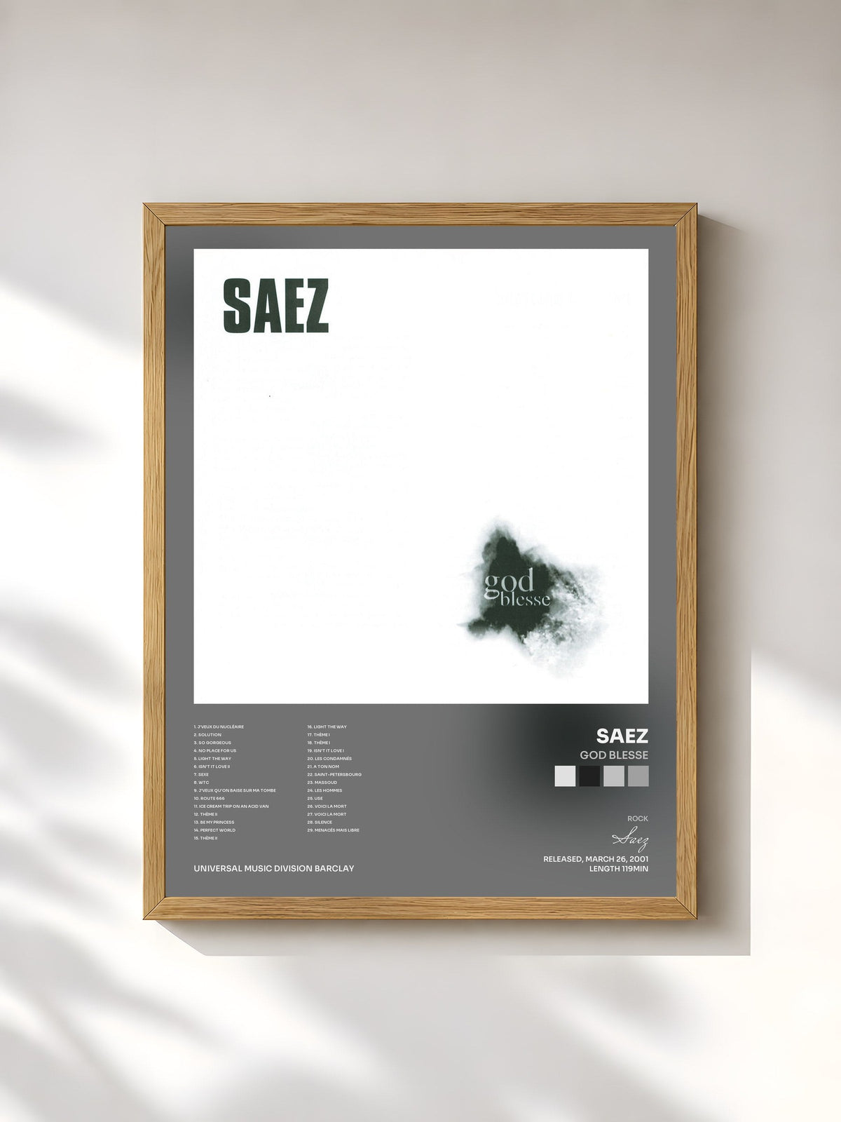 #bois Tableau de l'album God Blesse de Saez, cadre en bois brut, imprimé et encadré en France