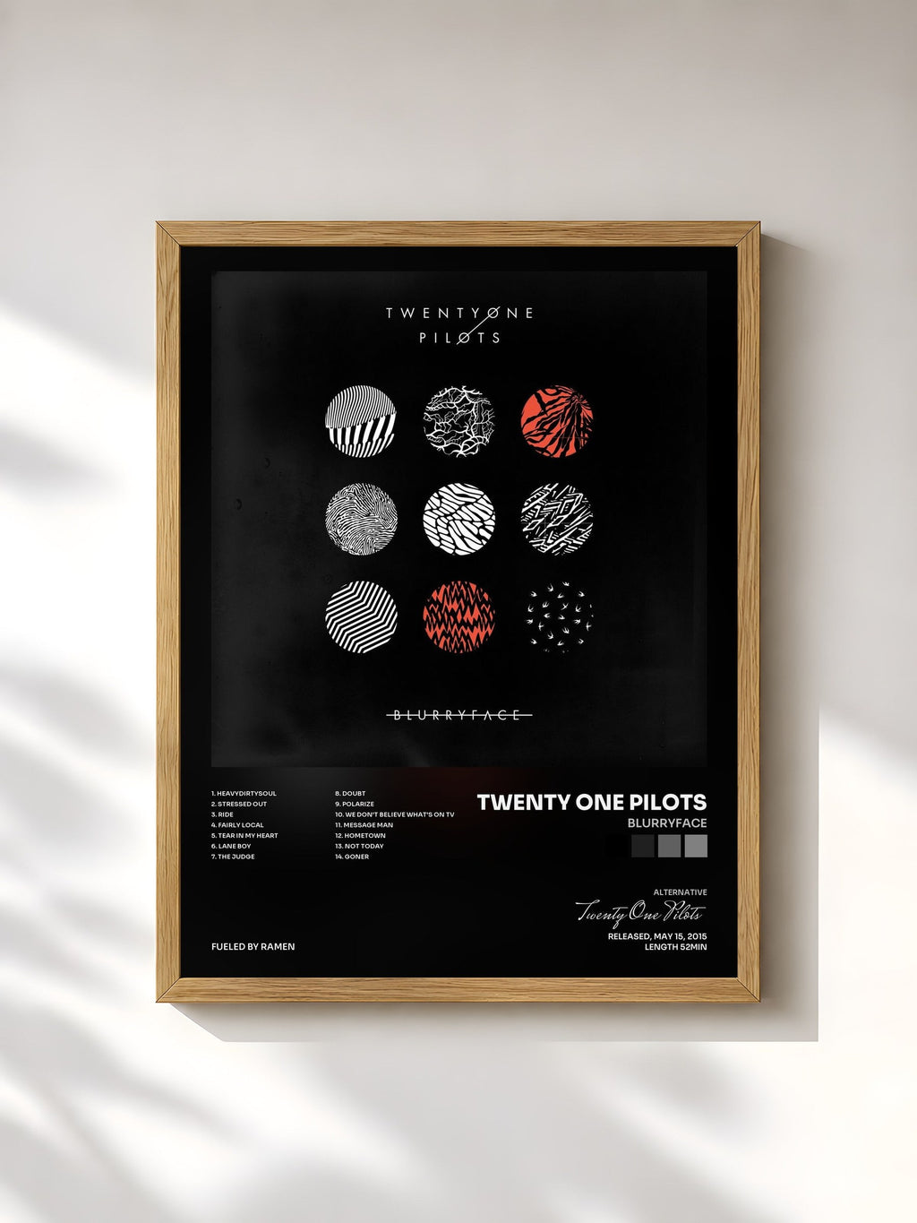 #bois Tableau de l'album Blurryface de Twenty One Pilots, cadre en bois brut, imprimé et encadré en France