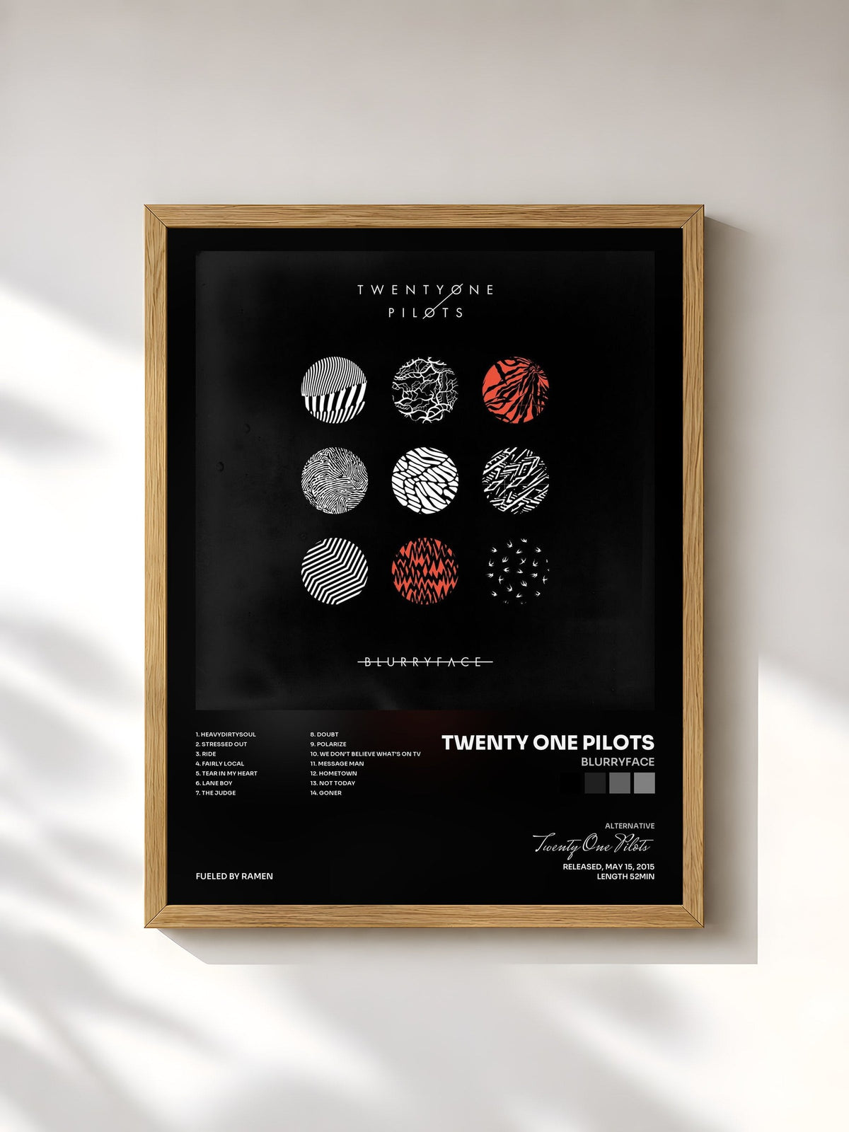 #bois Tableau de l'album Blurryface de Twenty One Pilots, cadre en bois brut, imprimé et encadré en France