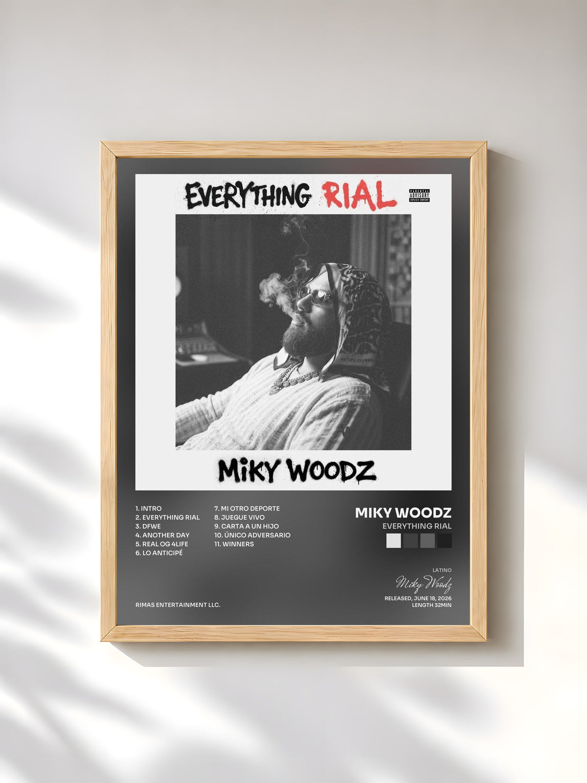 #bois Tableau de l'album Everything RiaL de Miky Woodz, cadre en bois brut, imprimé et encadré en France