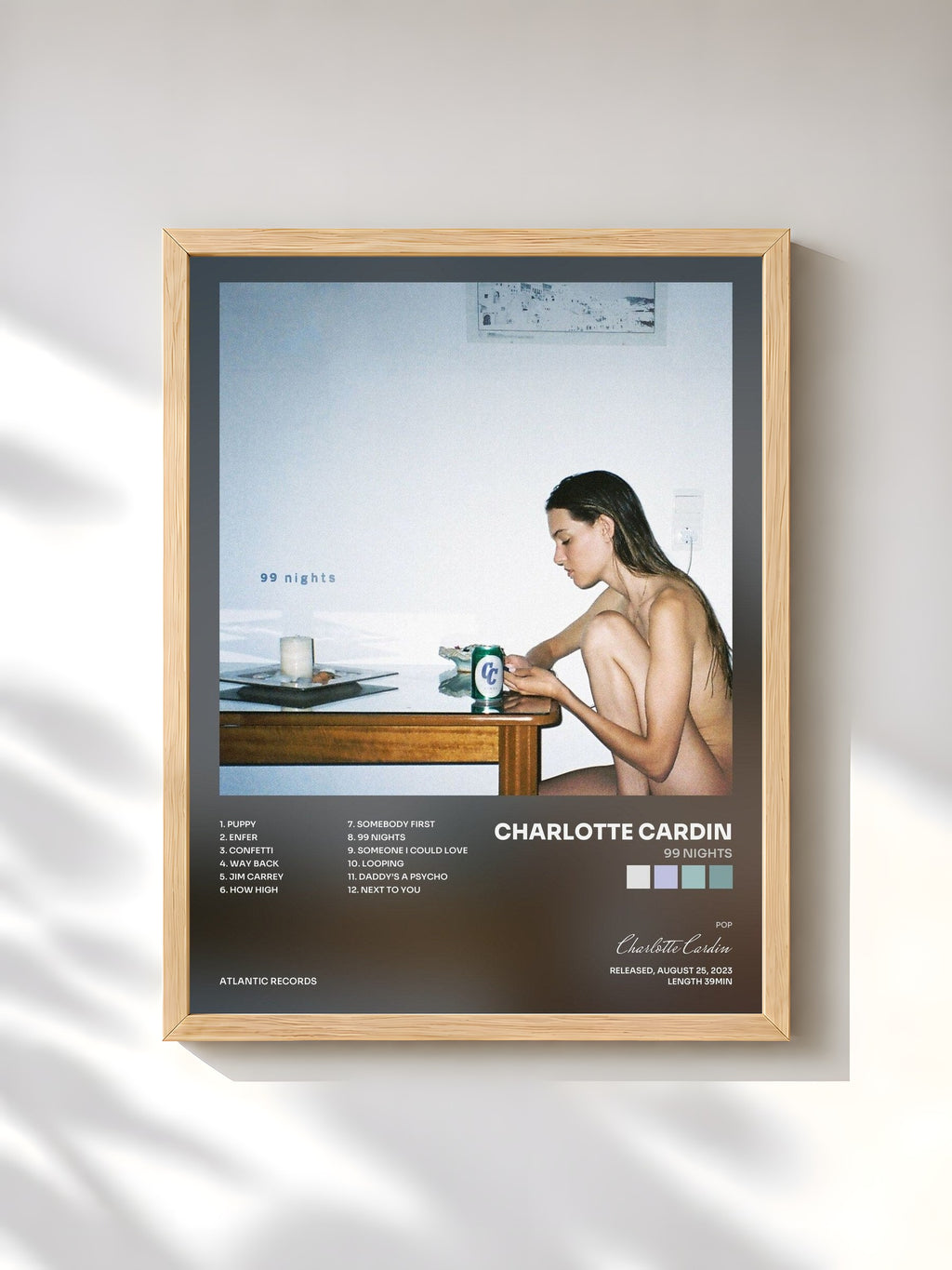 #bois Tableau de l'album 99 Nights de Charlotte Cardin, cadre en bois brut, imprimé et encadré en France