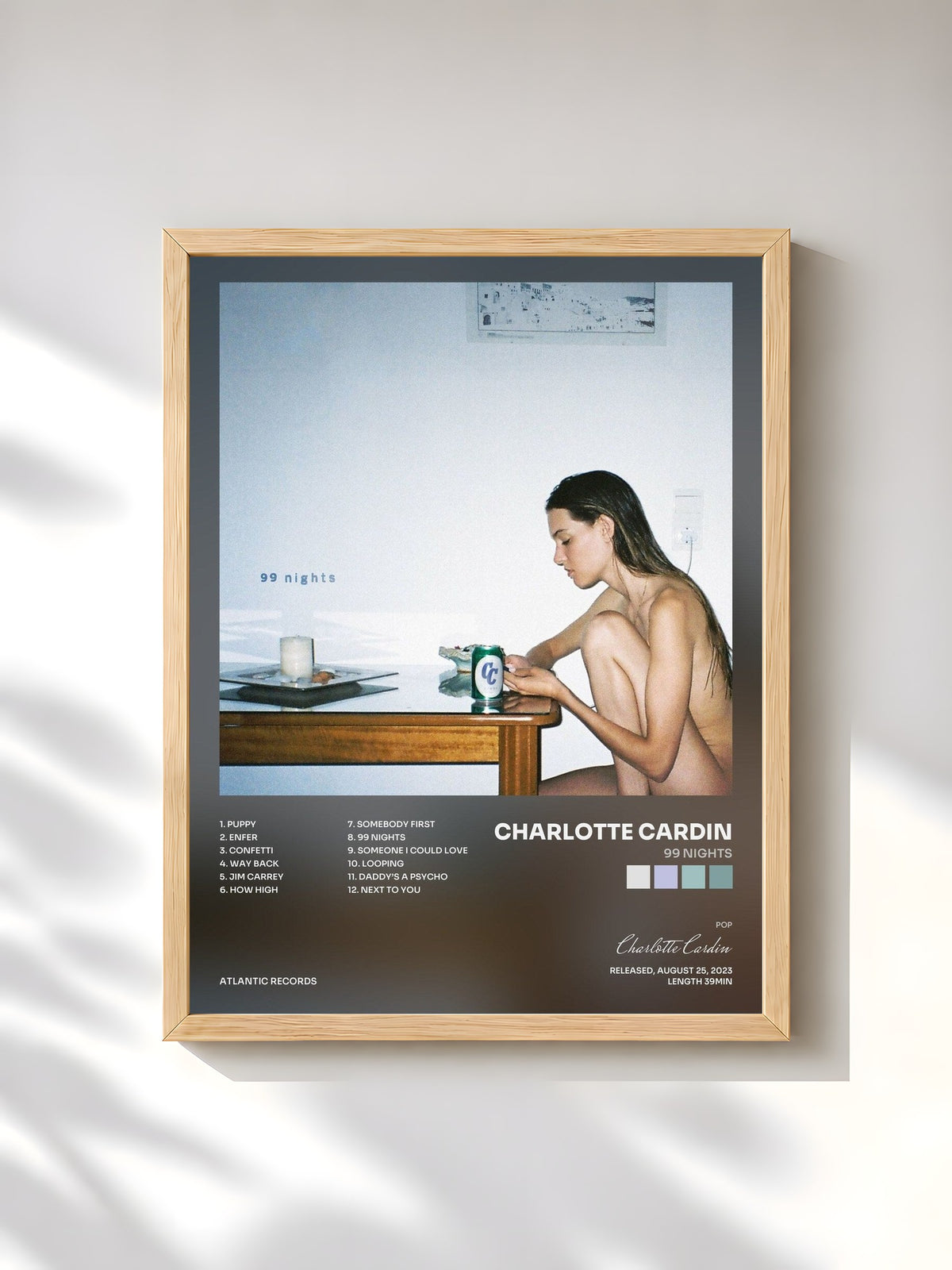 #bois Tableau de l'album 99 Nights de Charlotte Cardin, cadre en bois brut, imprimé et encadré en France