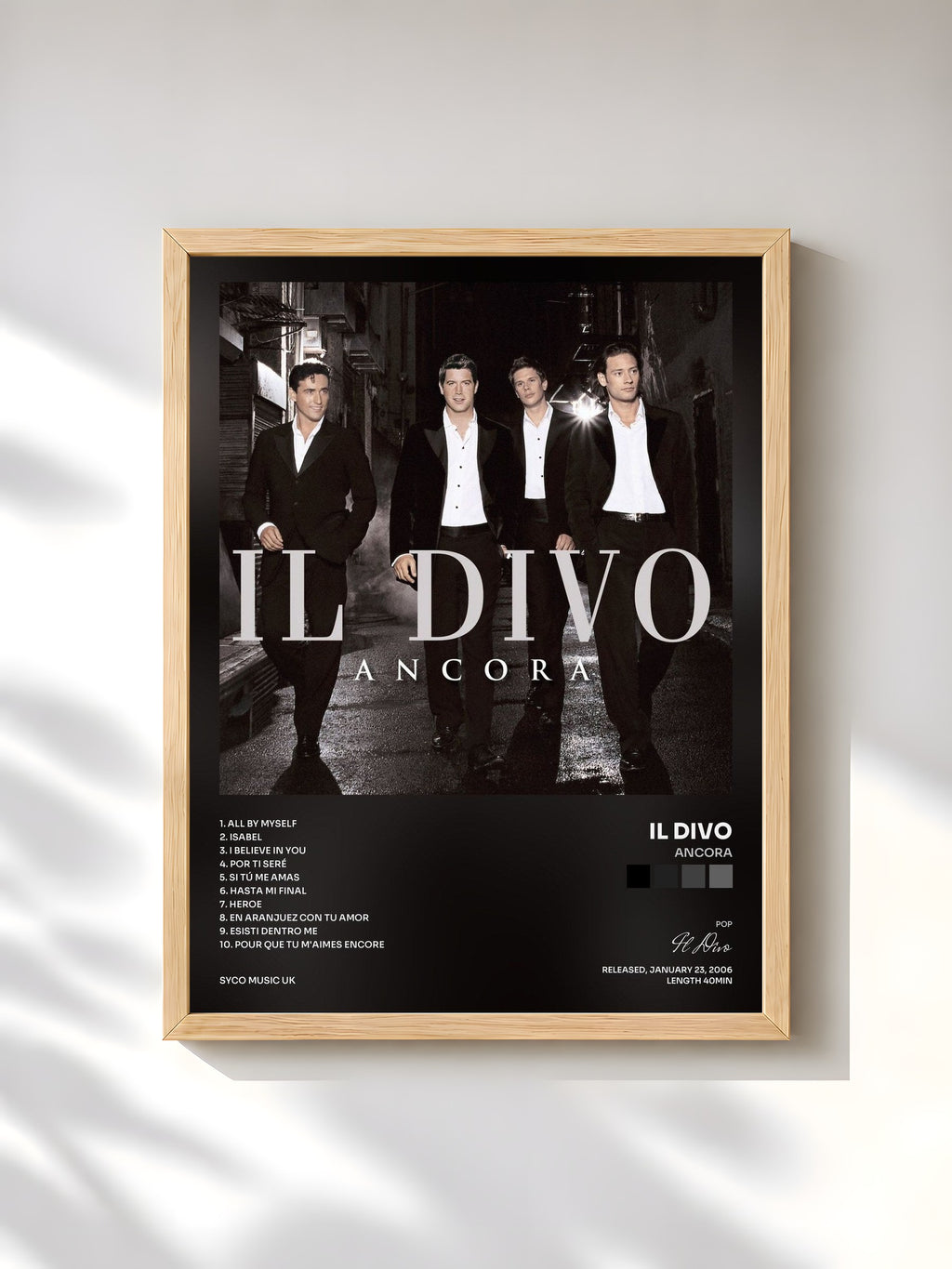 #bois Tableau de l'album Ancora de Il Divo, cadre en bois brut, imprimé et encadré en France