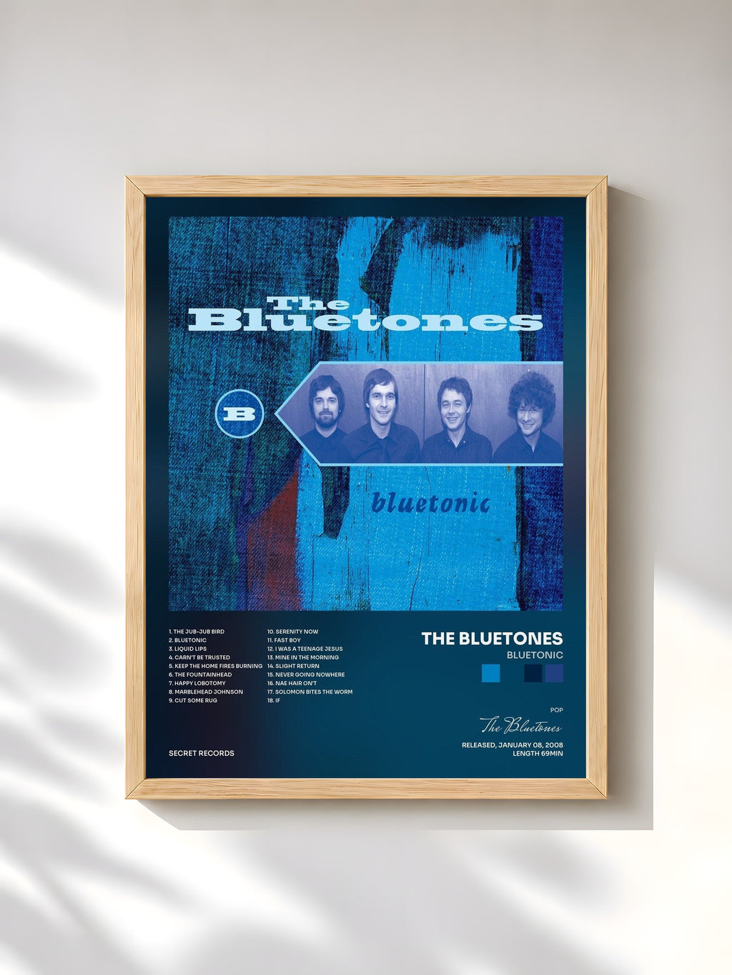 #bois Tableau de l'album Bluetonic de The Bluetones, cadre en bois brut, imprimé et encadré en France