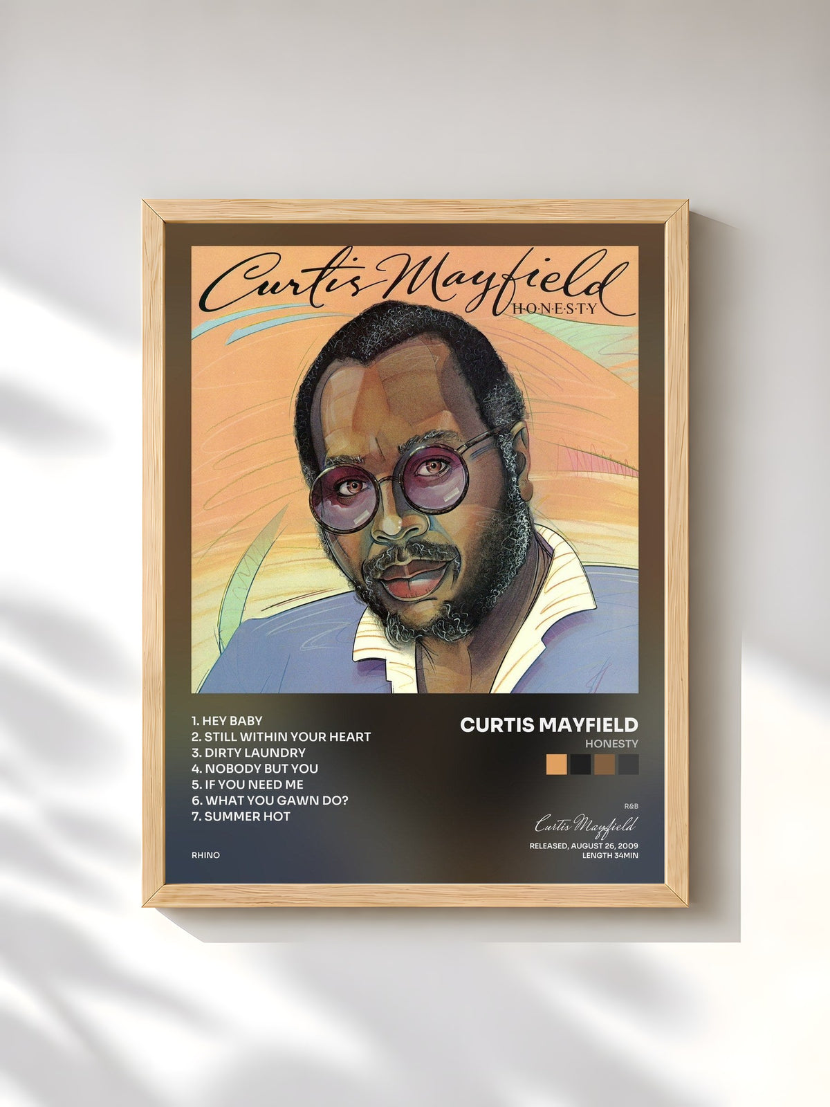 #bois Tableau de l'album Honesty de Curtis Mayfield, cadre en bois brut, imprimé et encadré en France