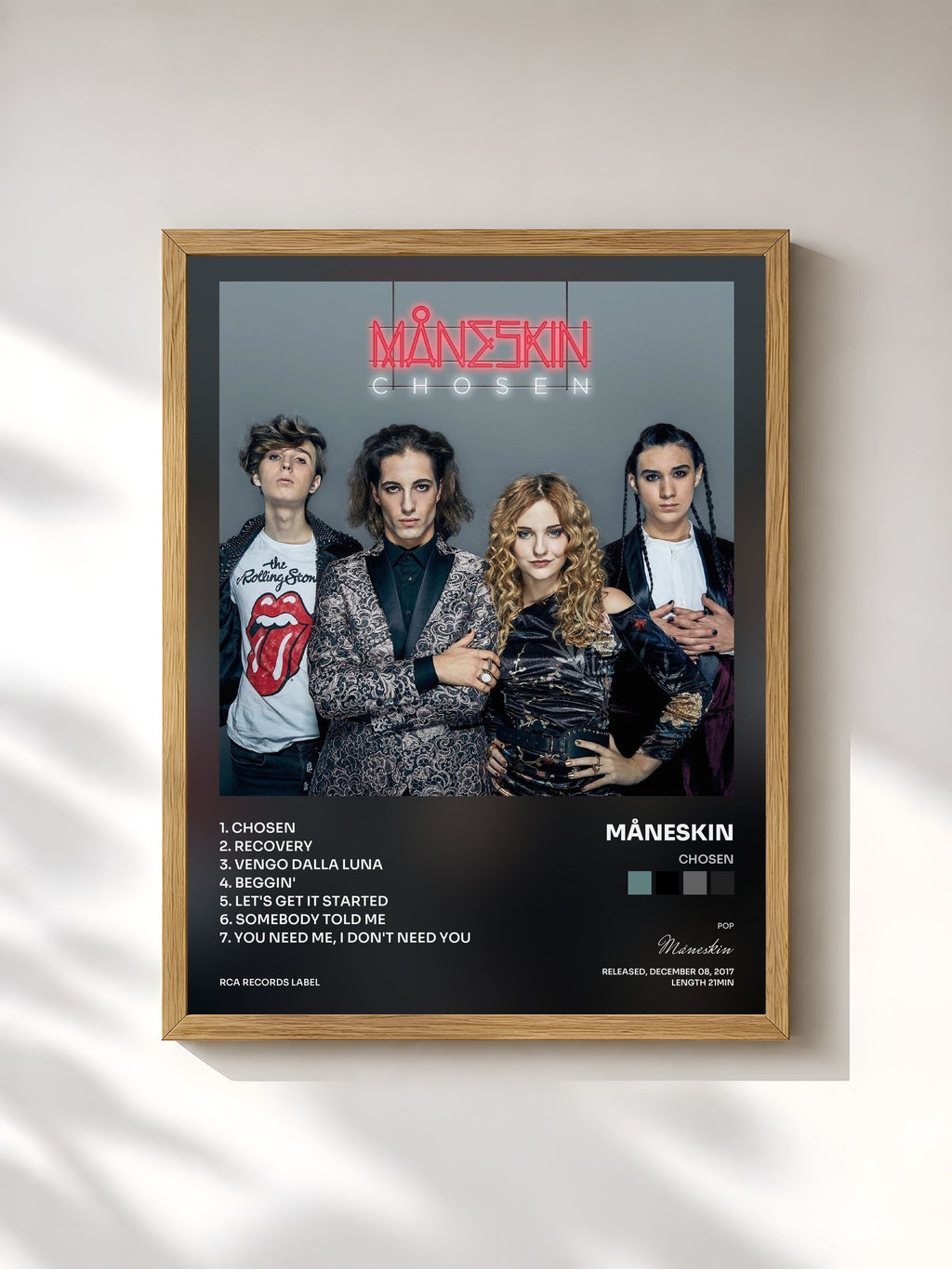 #bois Tableau de l'album Chosen de Måneskin, cadre en bois brut, imprimé et encadré en France