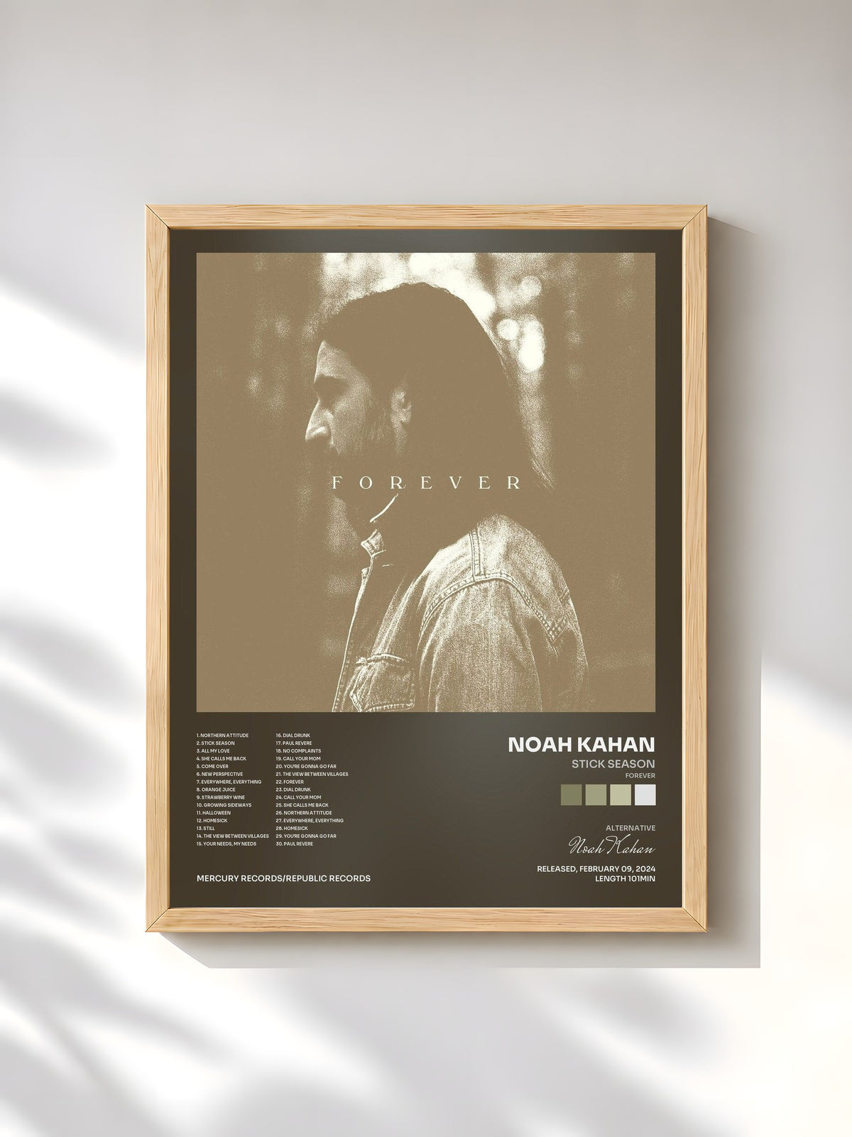 #bois Tableau de l'album Stick Season (Forever) de Noah Kahan, cadre en bois brut, imprimé et encadré en France