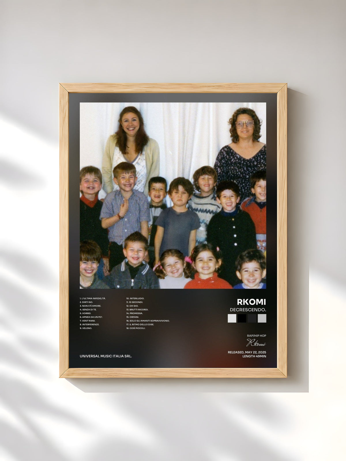 #bois Tableau de l'album decrescendo. de Rkomi, cadre en bois brut, imprimé et encadré en France