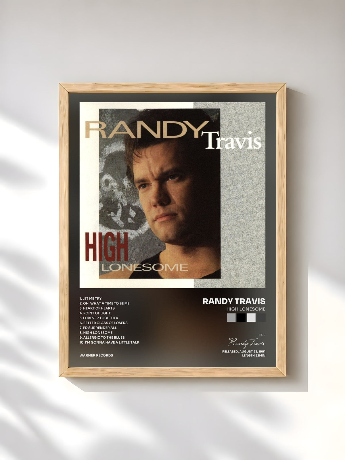 #bois Tableau de l'album High Lonesome de Randy Travis, cadre en bois brut, imprimé et encadré en France