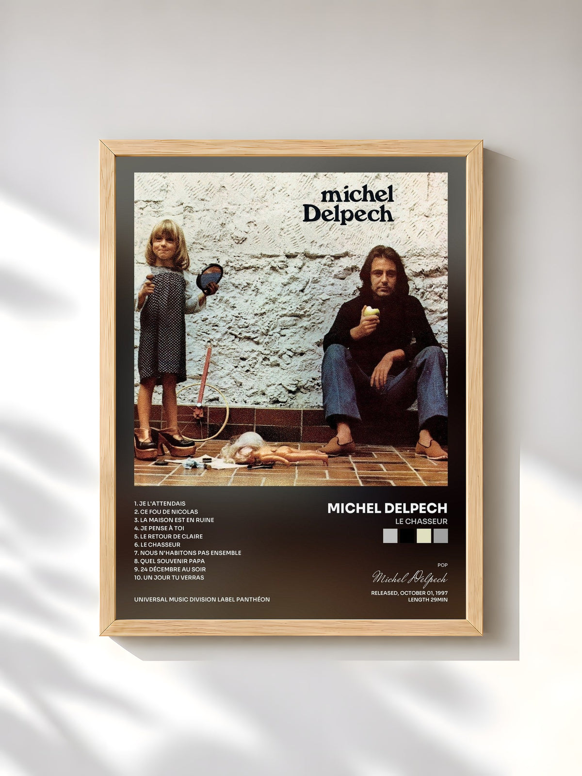 #bois Tableau de l'album Le Chasseur de Michel Delpech, cadre en bois brut, imprimé et encadré en France