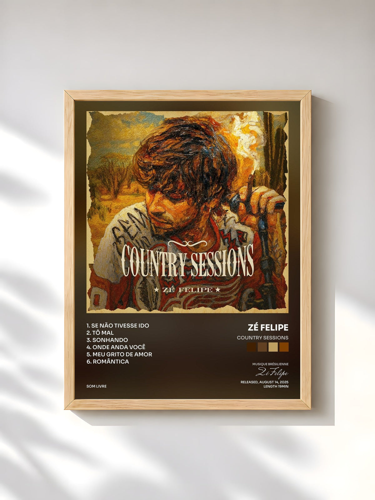 #bois Tableau de l'album Country Sessions de Zé Felipe, cadre en bois brut, imprimé et encadré en France