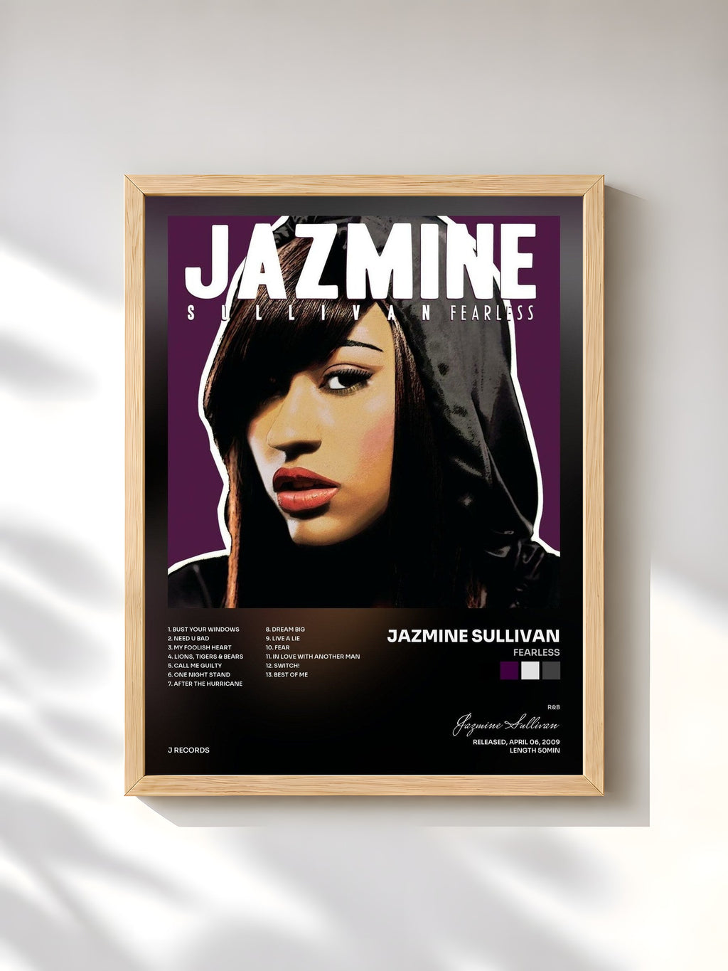 #bois Tableau de l'album Fearless de Jazmine Sullivan, cadre en bois brut, imprimé et encadré en France