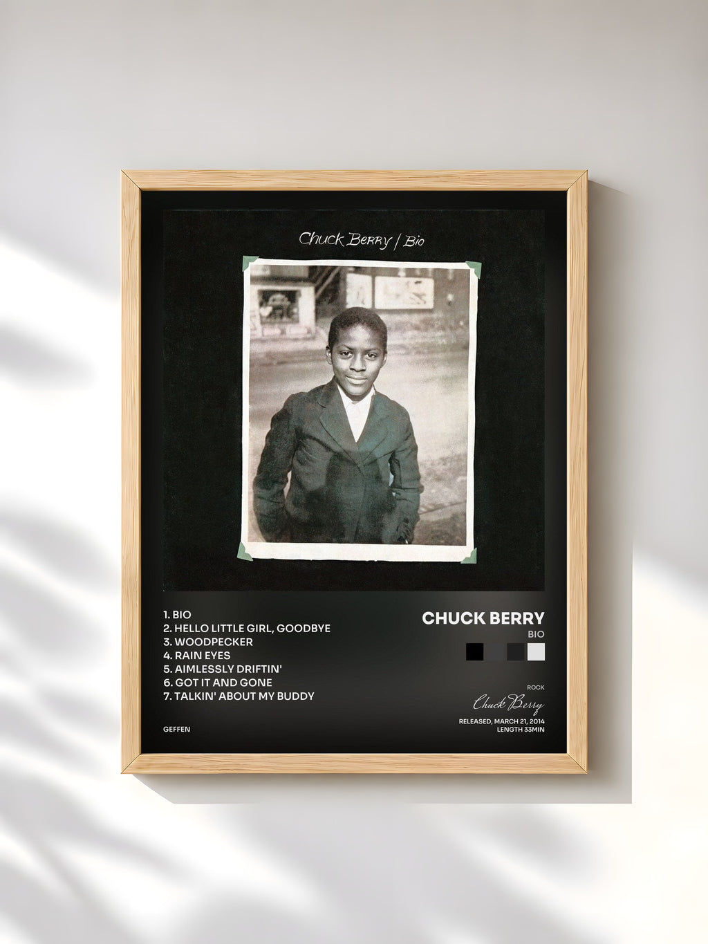 #bois Tableau de l'album Bio de Chuck Berry, cadre en bois brut, imprimé et encadré en France