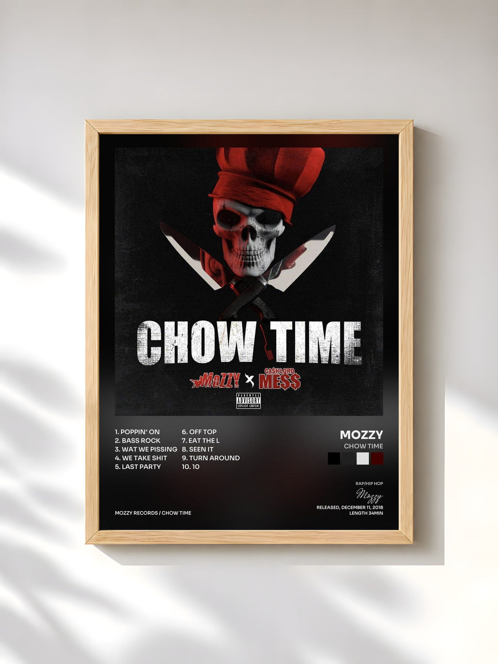 #bois Tableau de l'album Chow Time de Mozzy, cadre en bois brut, imprimé et encadré en France