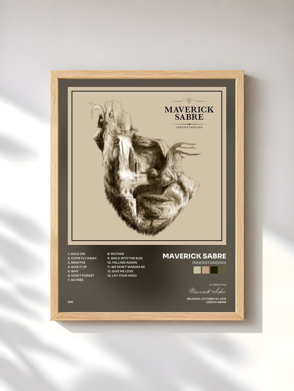 #bois Tableau de l'album Innerstanding de Maverick Sabre, cadre en bois brut, imprimé et encadré en France