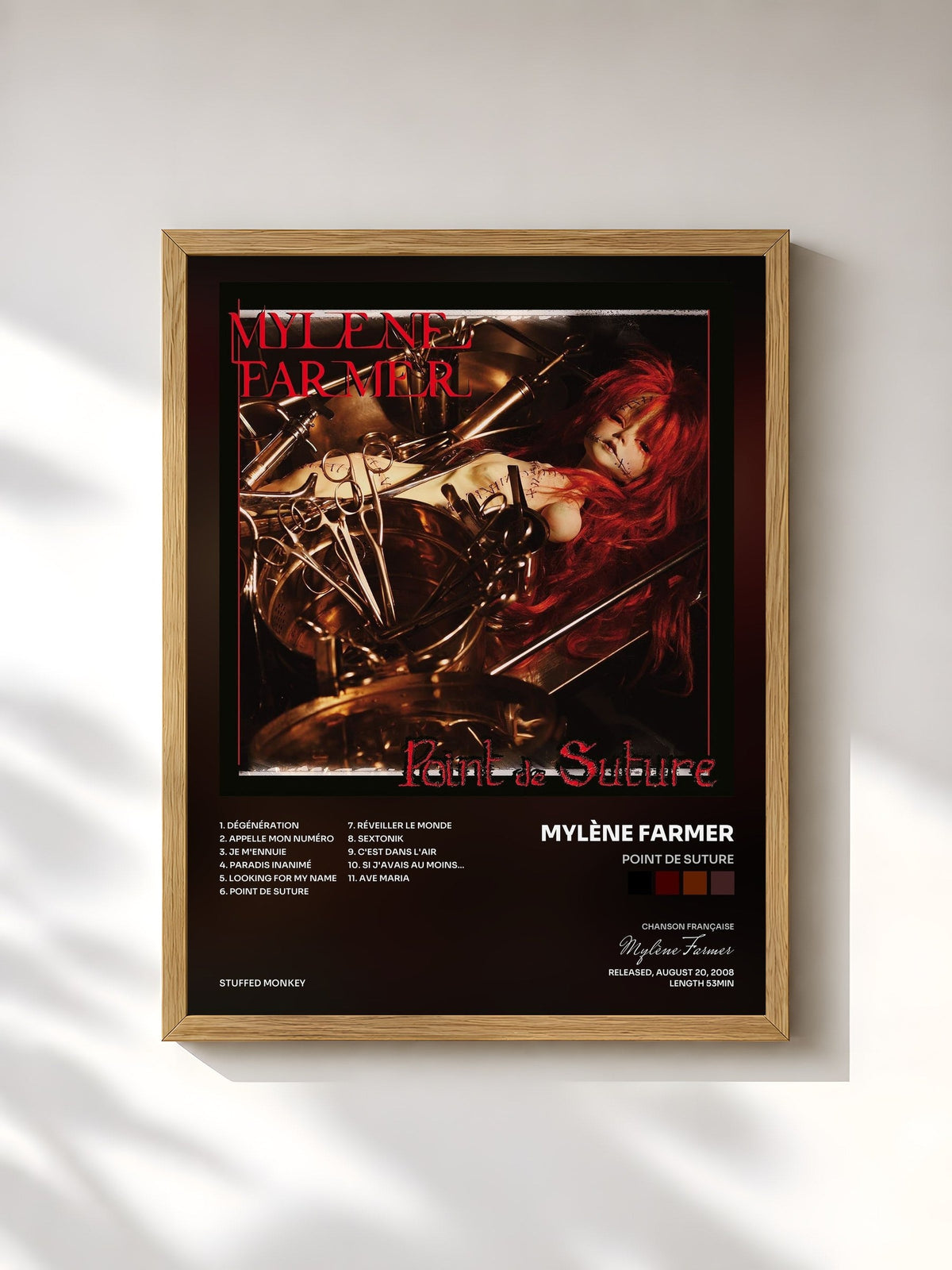 #bois Tableau de l'album Point de suture de Mylène Farmer, cadre en bois brut, imprimé et encadré en France