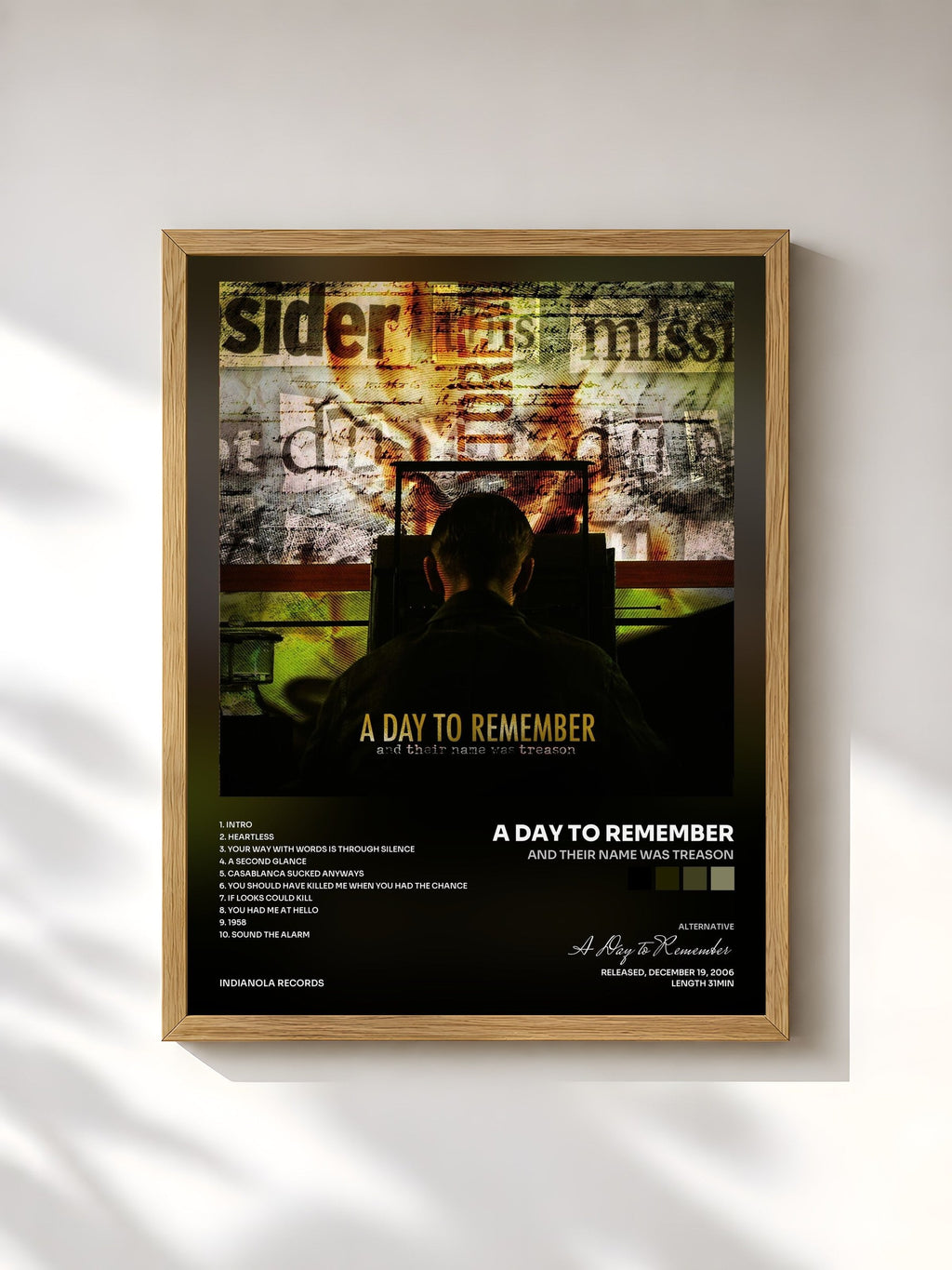 #bois Tableau de l'album And Their Name Was Treason de A Day to Remember, cadre en bois brut, imprimé et encadré en France