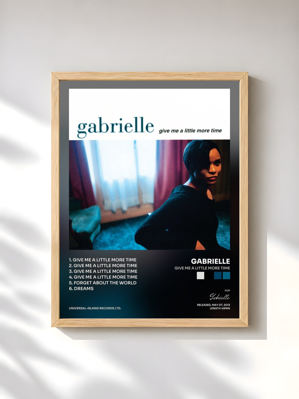 #bois Tableau de l'album Give Me A Little More Time de Gabrielle, cadre en bois brut, imprimé et encadré en France