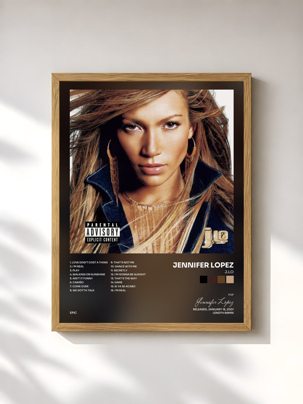 #bois Tableau de l'album J.Lo de Jennifer Lopez, cadre en bois brut, imprimé et encadré en France