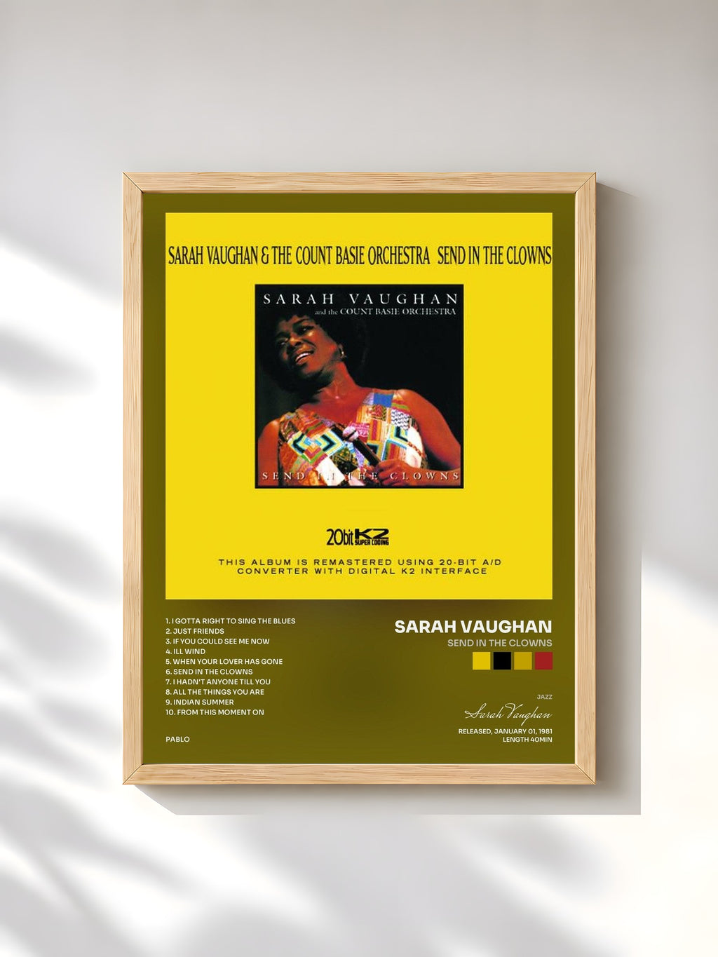 #bois Tableau de l'album Send In The Clowns de Sarah Vaughan, cadre en bois brut, imprimé et encadré en France