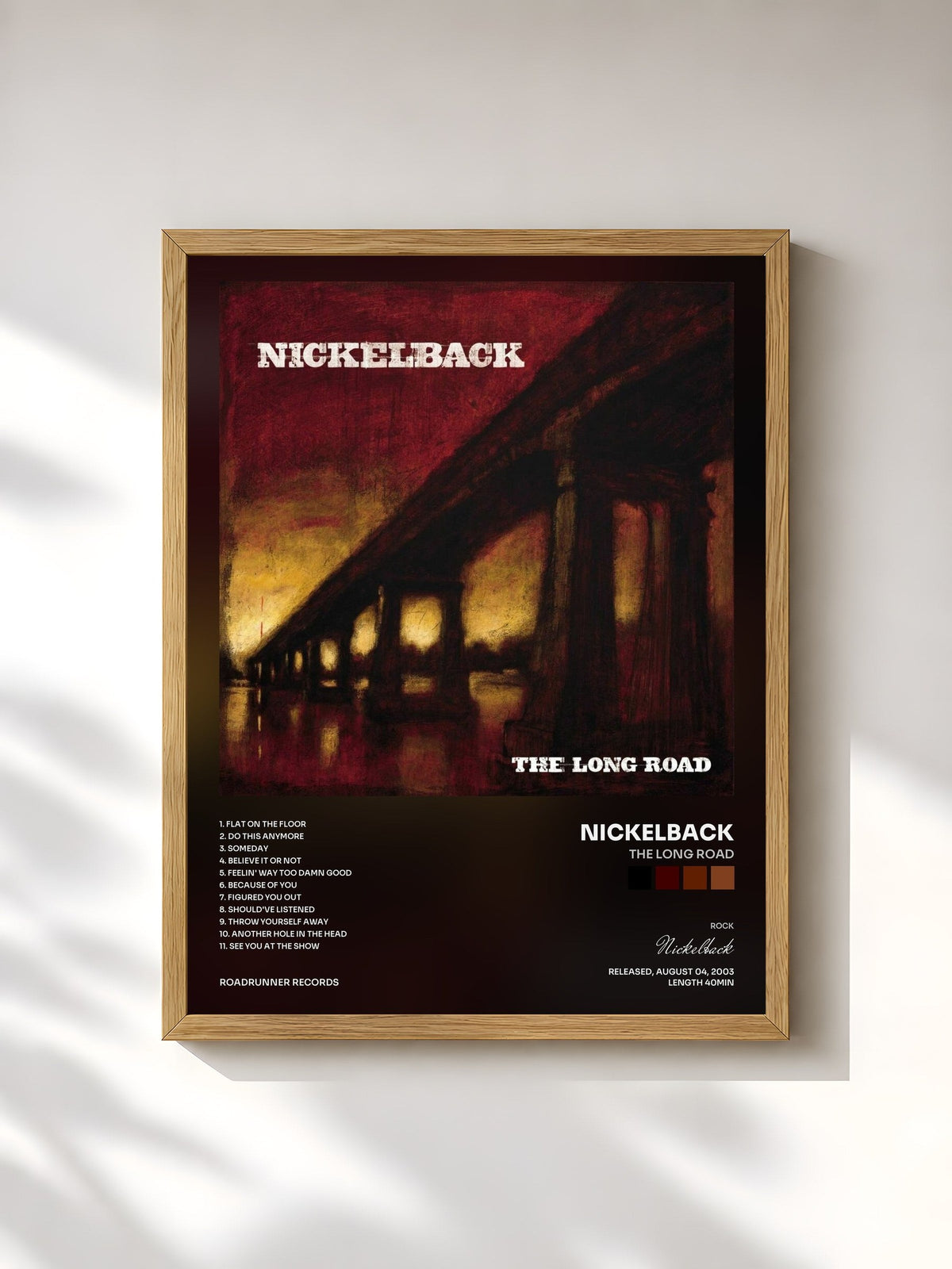 #bois Tableau de l'album The Long Road de Nickelback, cadre en bois brut, imprimé et encadré en France
