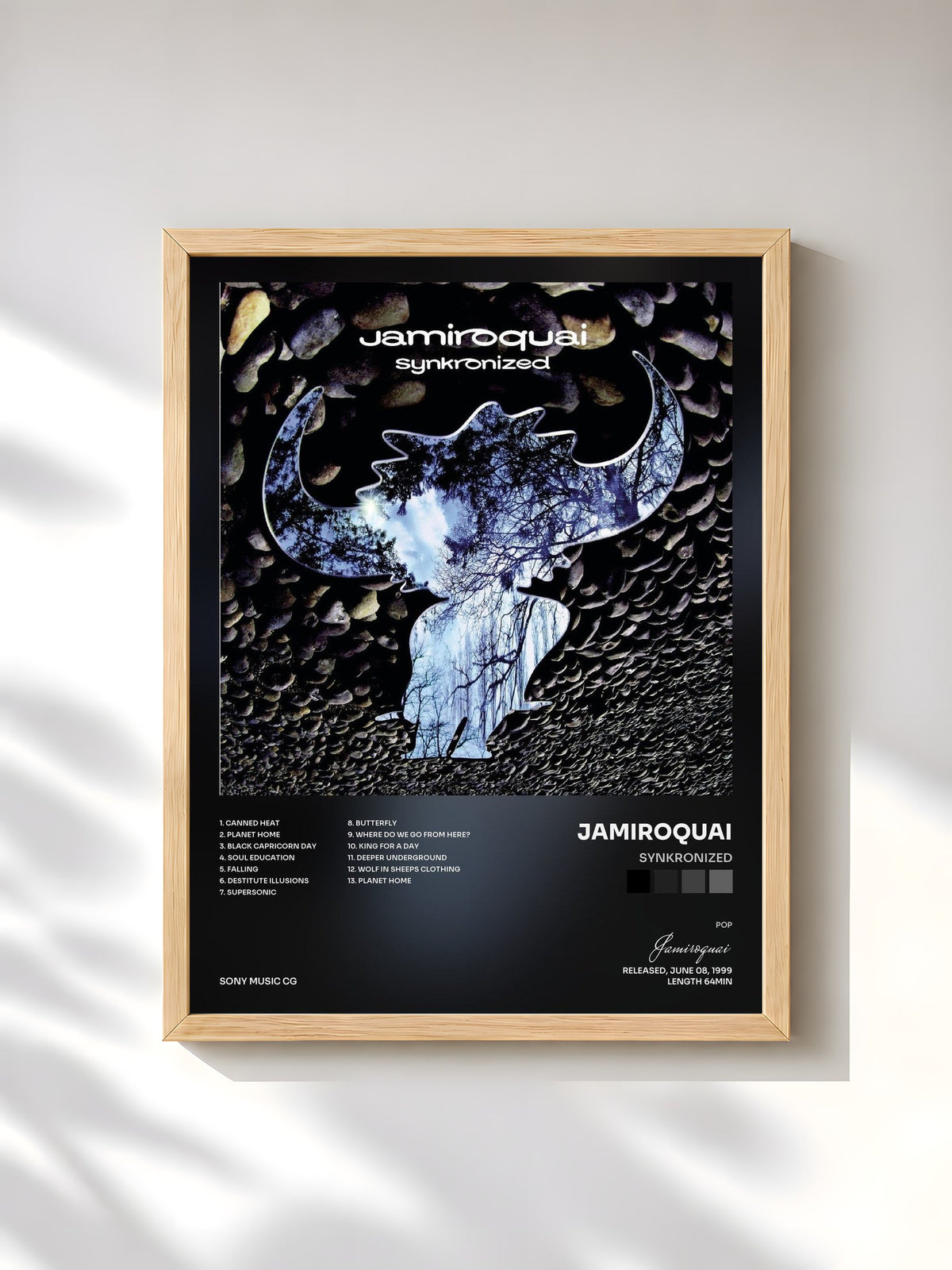 #bois Tableau de l'album Synkronized de Jamiroquai, cadre en bois brut, imprimé et encadré en France