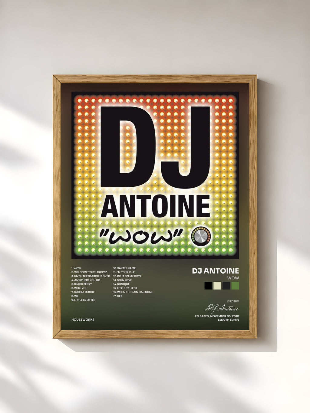 #bois Tableau de l'album WOW de DJ Antoine, cadre en bois brut, imprimé et encadré en France