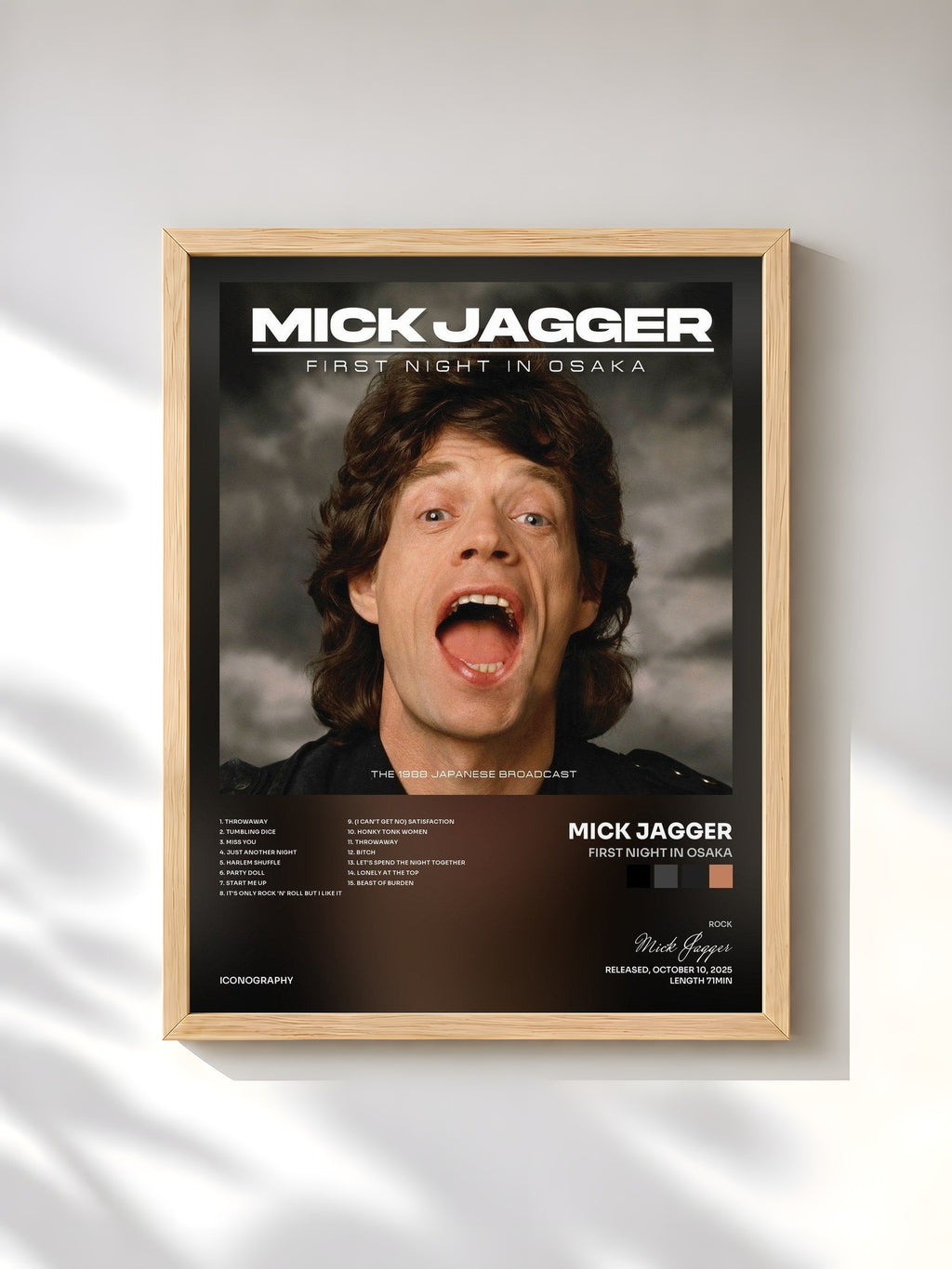 #bois Tableau de l'album First Night In Osaka de Mick Jagger, cadre en bois brut, imprimé et encadré en France