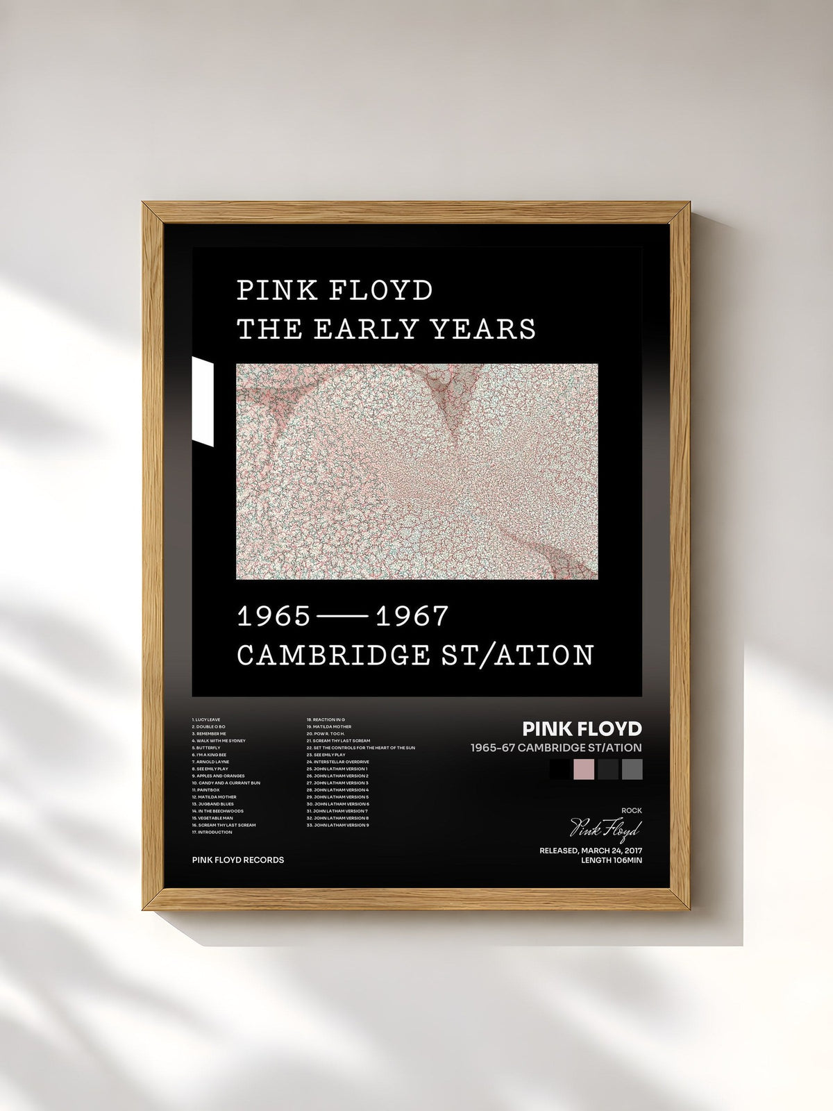 #bois Tableau de l'album 1965-67 Cambridge St/ation de Pink Floyd, cadre en bois brut, imprimé et encadré en France