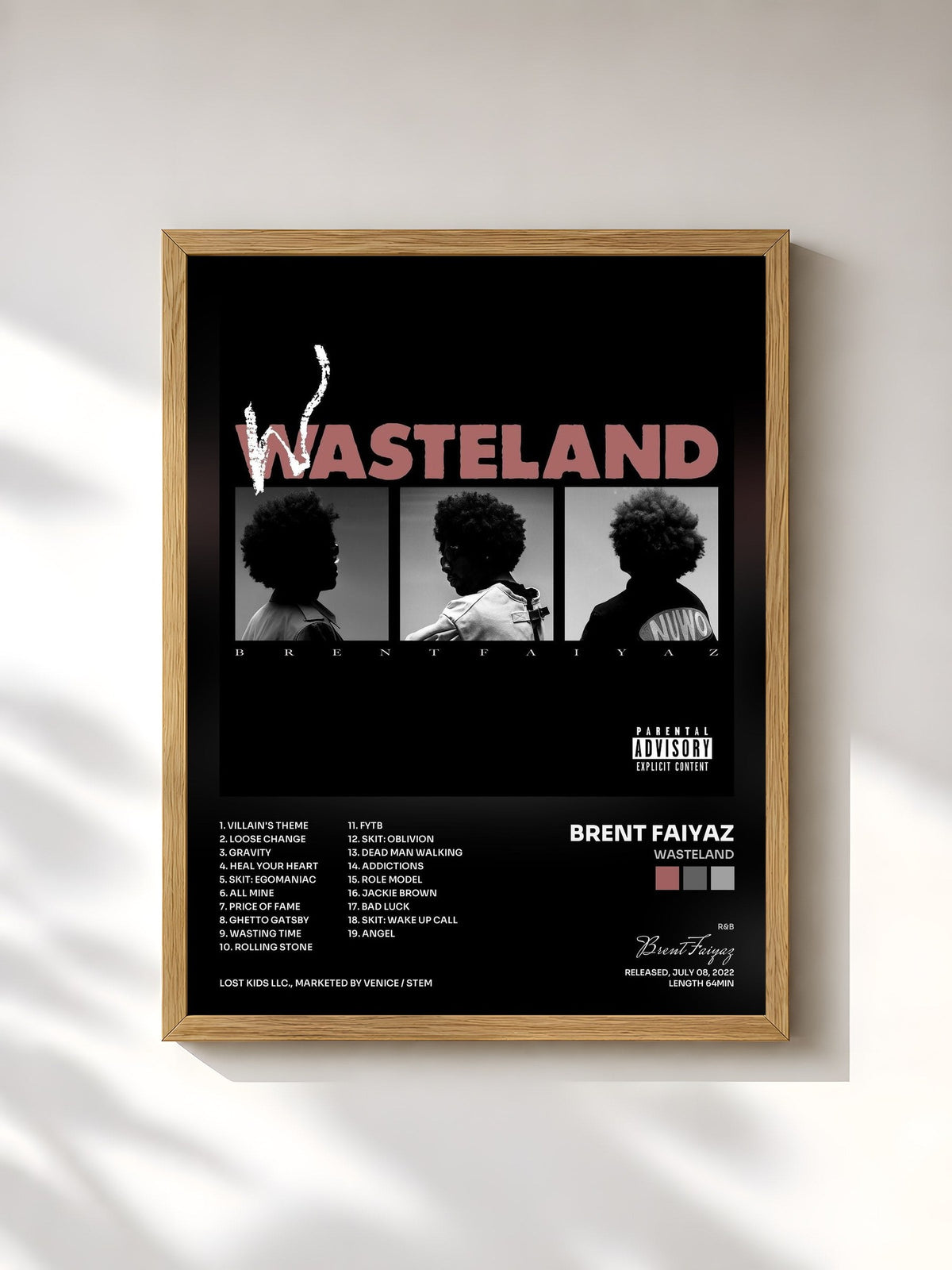 #bois Tableau de l'album WASTELAND de Brent Faiyaz, cadre en bois brut, imprimé et encadré en France