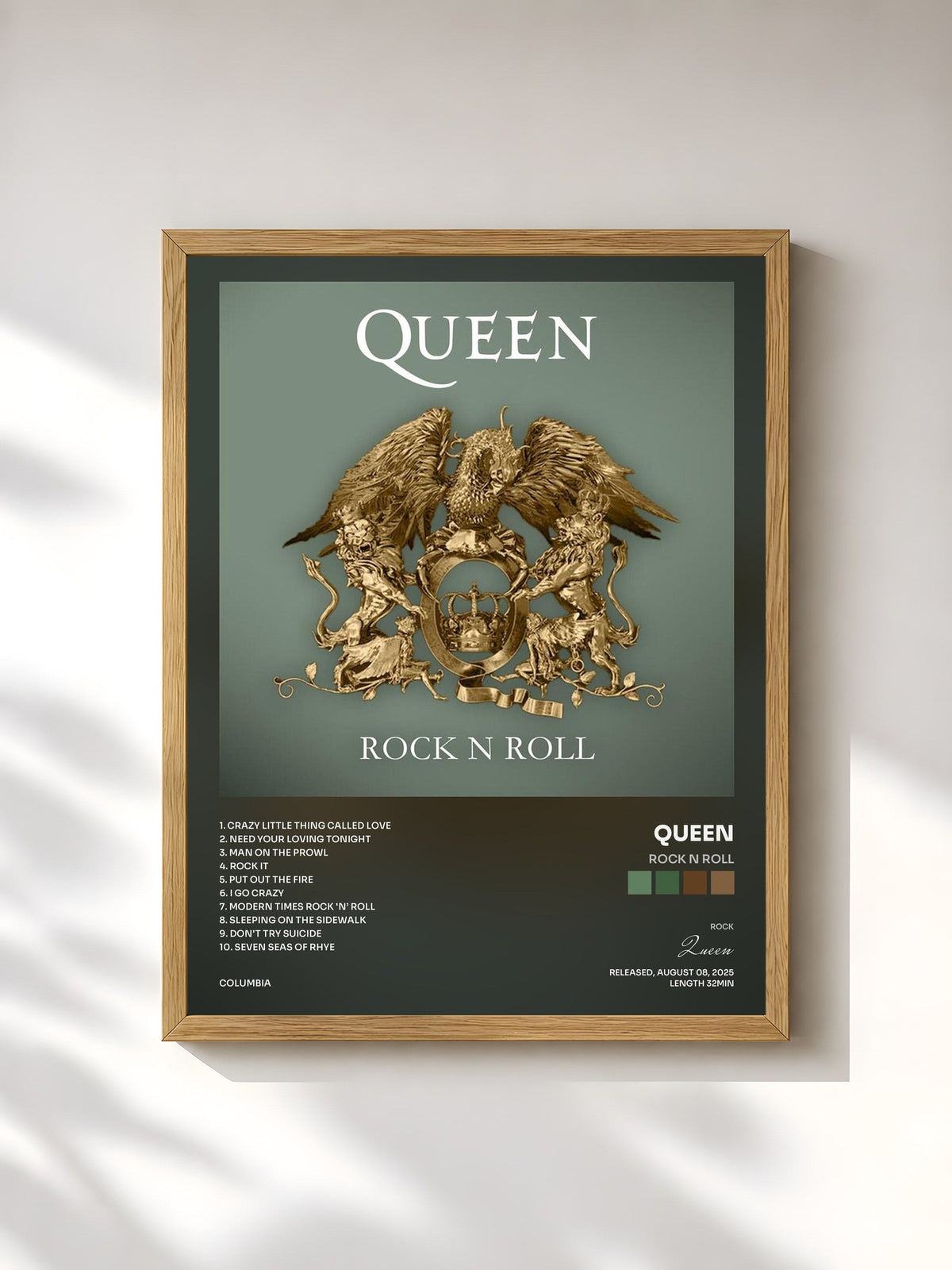 #bois Tableau de l'album Rock N Roll de Queen, cadre en bois brut, imprimé et encadré en France