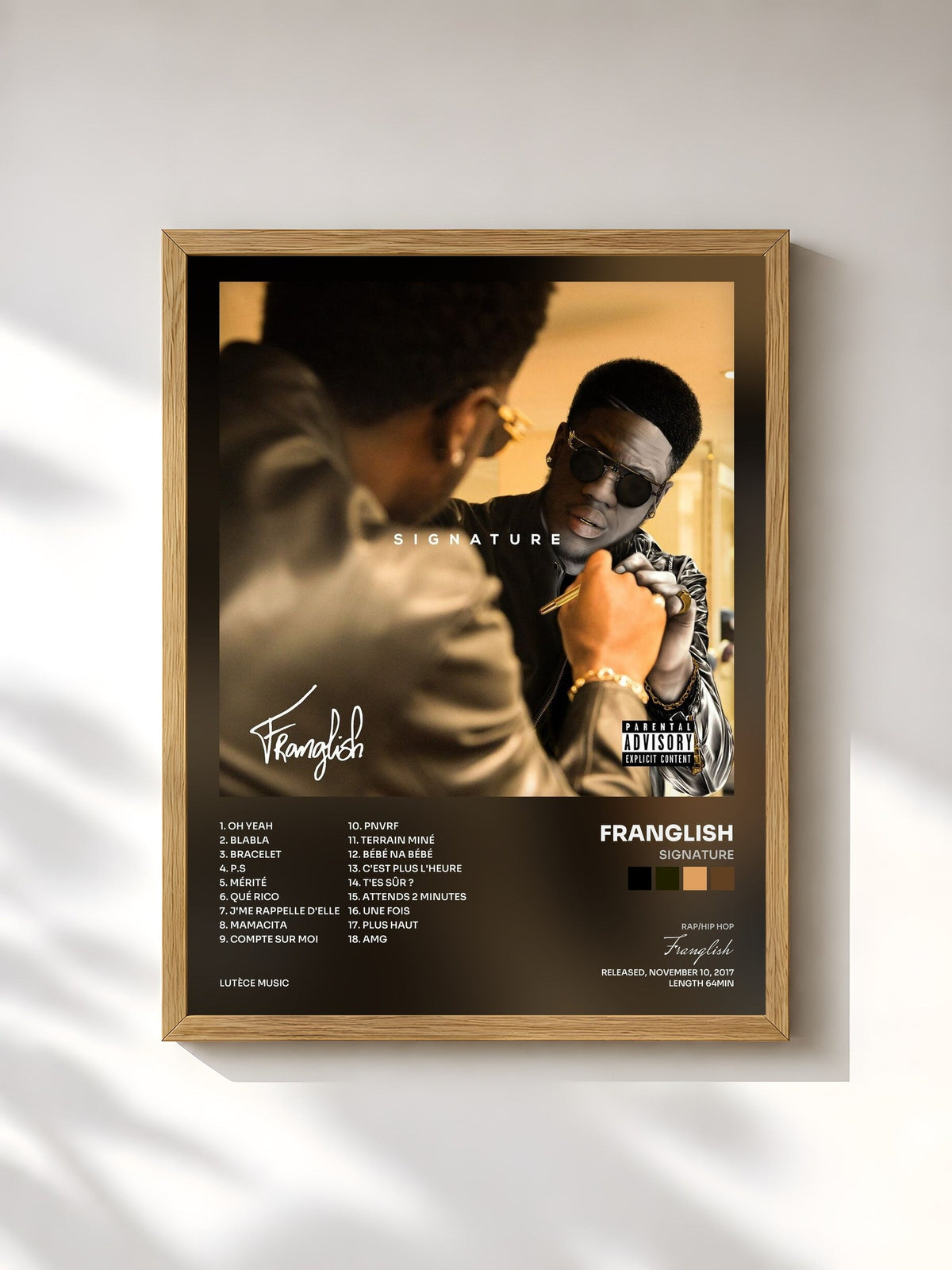 #bois Tableau de l'album Signature de Franglish, cadre en bois brut, imprimé et encadré en France