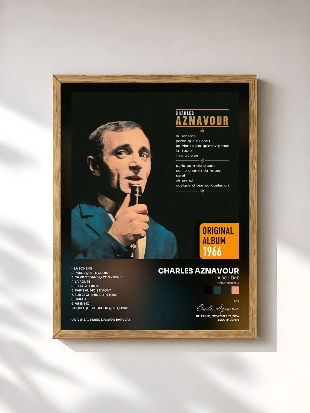 #bois Tableau de l'album La Bohème (Remastered 2014) de Charles Aznavour, cadre en bois brut, imprimé et encadré en France