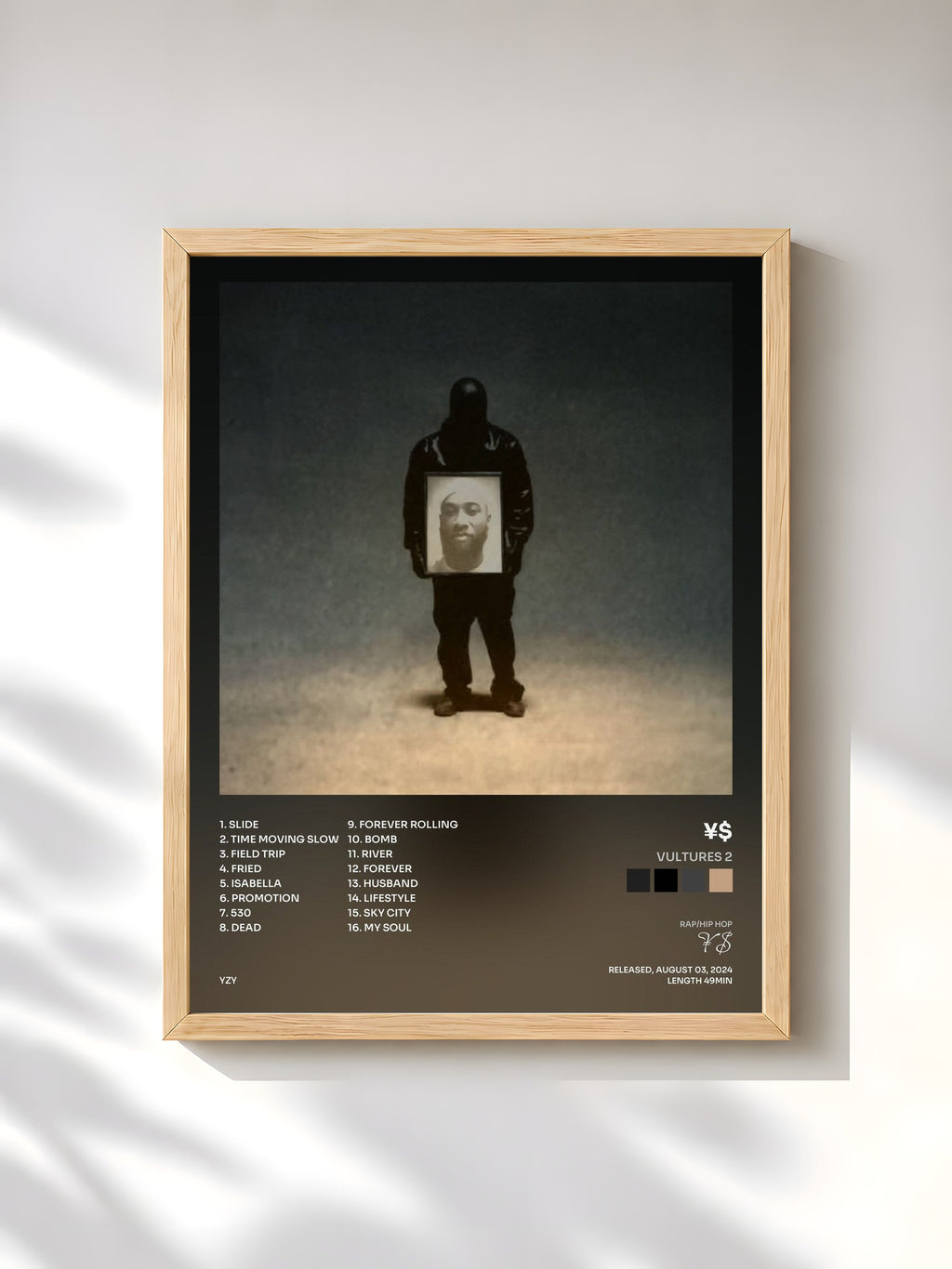#bois Tableau de l'album VULTURES 2 de ¥$, cadre en bois brut, imprimé et encadré en France