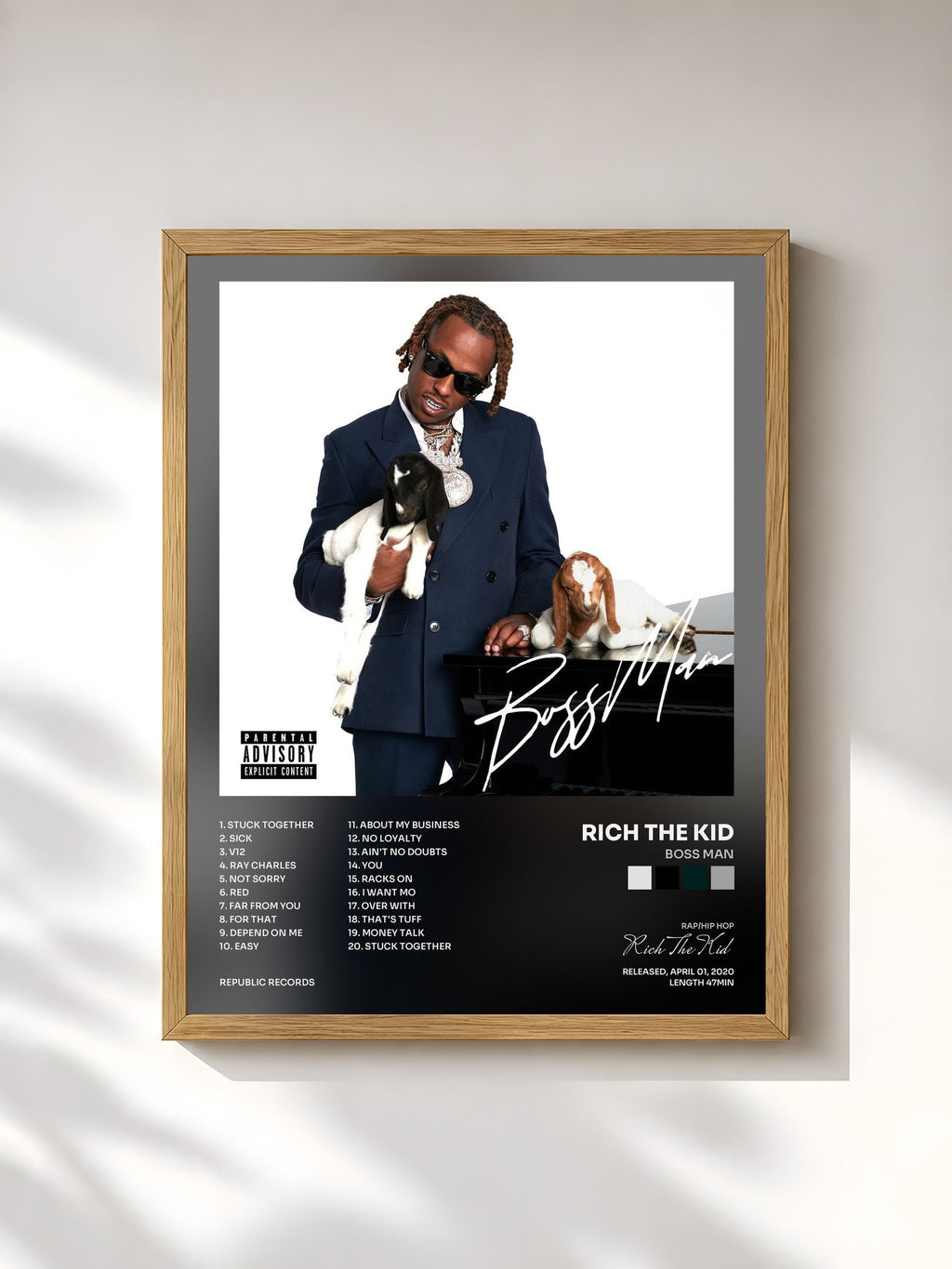 #bois Tableau de l'album BOSS MAN de Rich The Kid, cadre en bois brut, imprimé et encadré en France