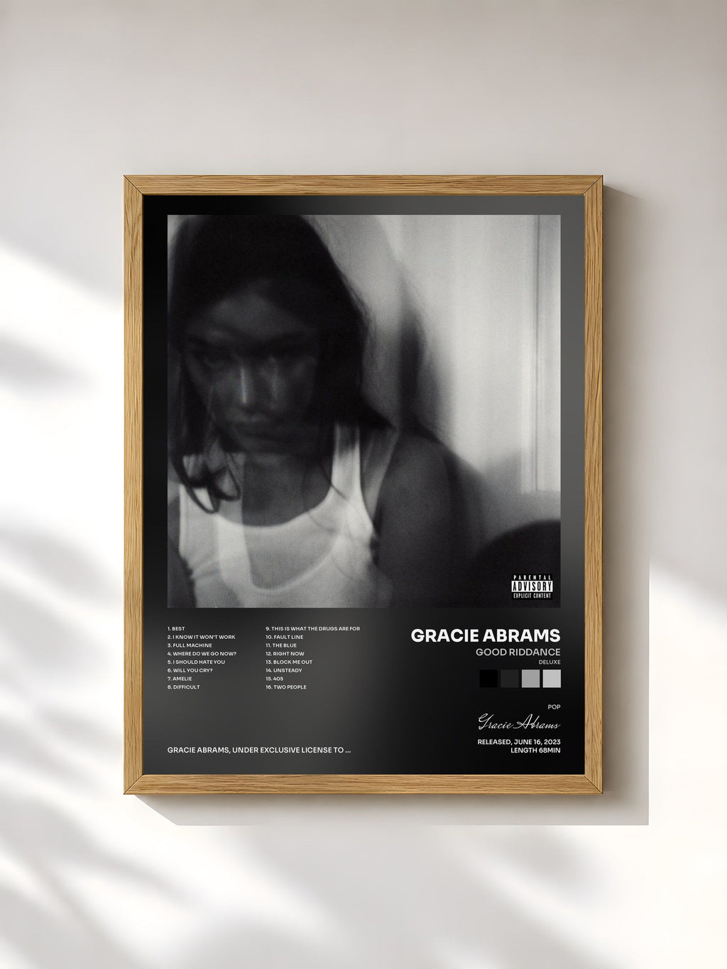 #bois Tableau de l'album Good Riddance (Deluxe) de Gracie Abrams, cadre en bois brut, imprimé et encadré en France