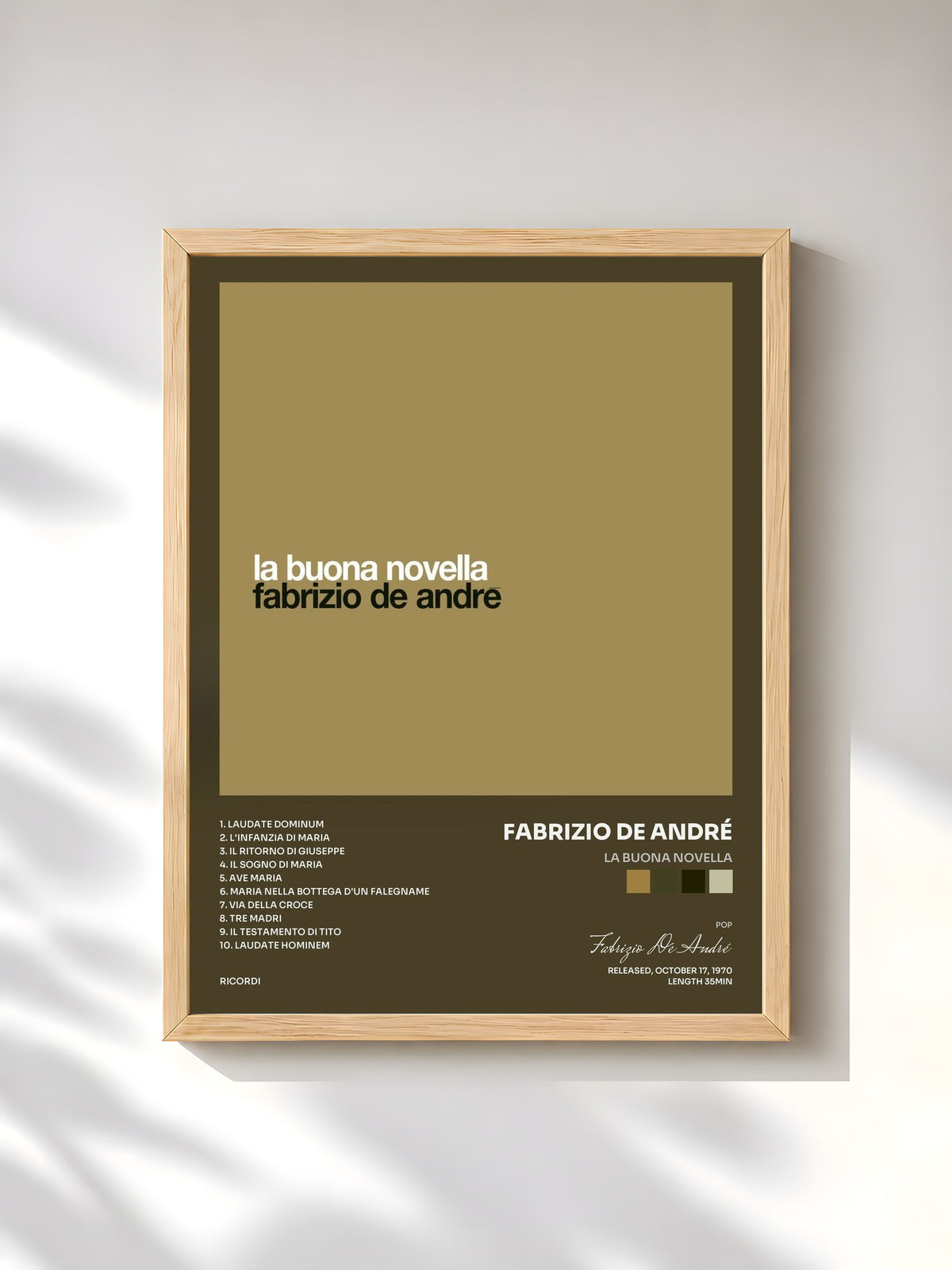 #bois Tableau de l'album La Buona Novella de Fabrizio De André, cadre en bois brut, imprimé et encadré en France