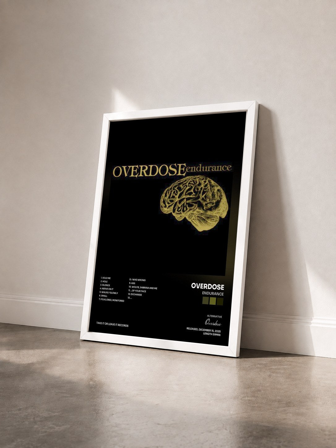 #blanc Tableau de l'album Endurance de Overdose vu de trois quarts, cadre blanc