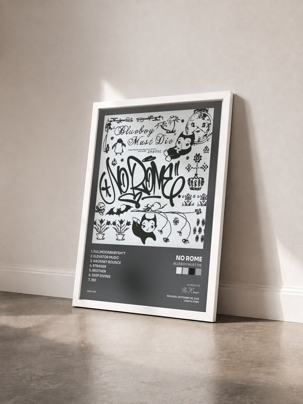 #blanc Tableau de l'album Blueboy Must Die de No Rome vu de trois quarts, cadre blanc