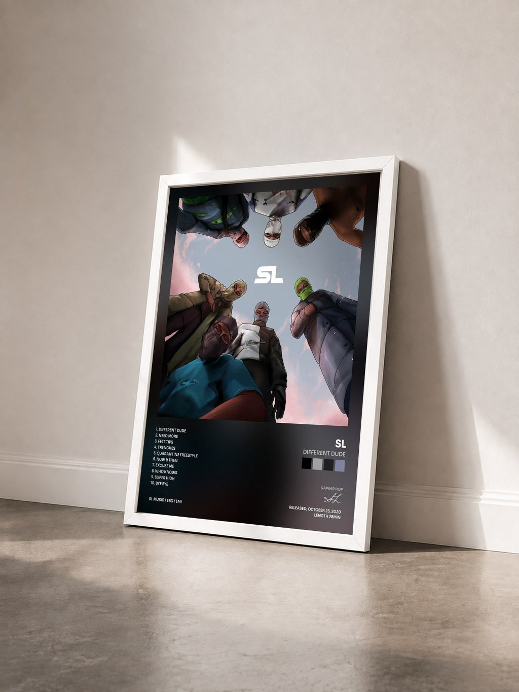 #blanc Tableau de l'album Different Dude de SL vu de trois quarts, cadre blanc