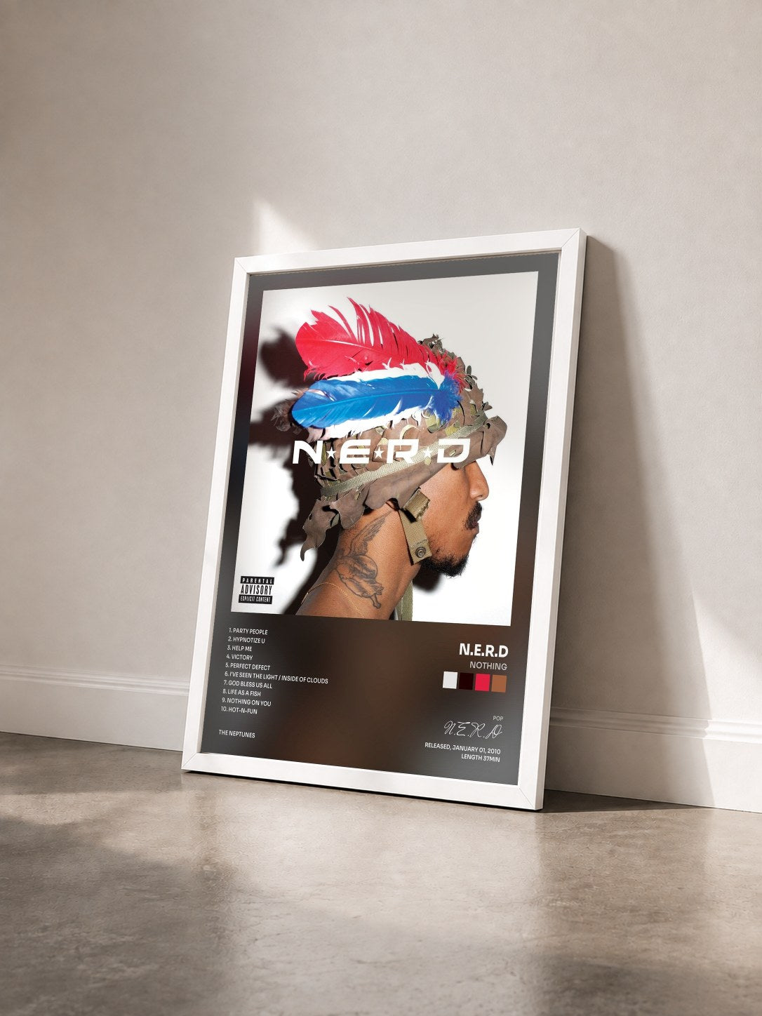 #blanc Tableau de l'album Nothing de N.E.R.D vu de trois quarts, cadre blanc