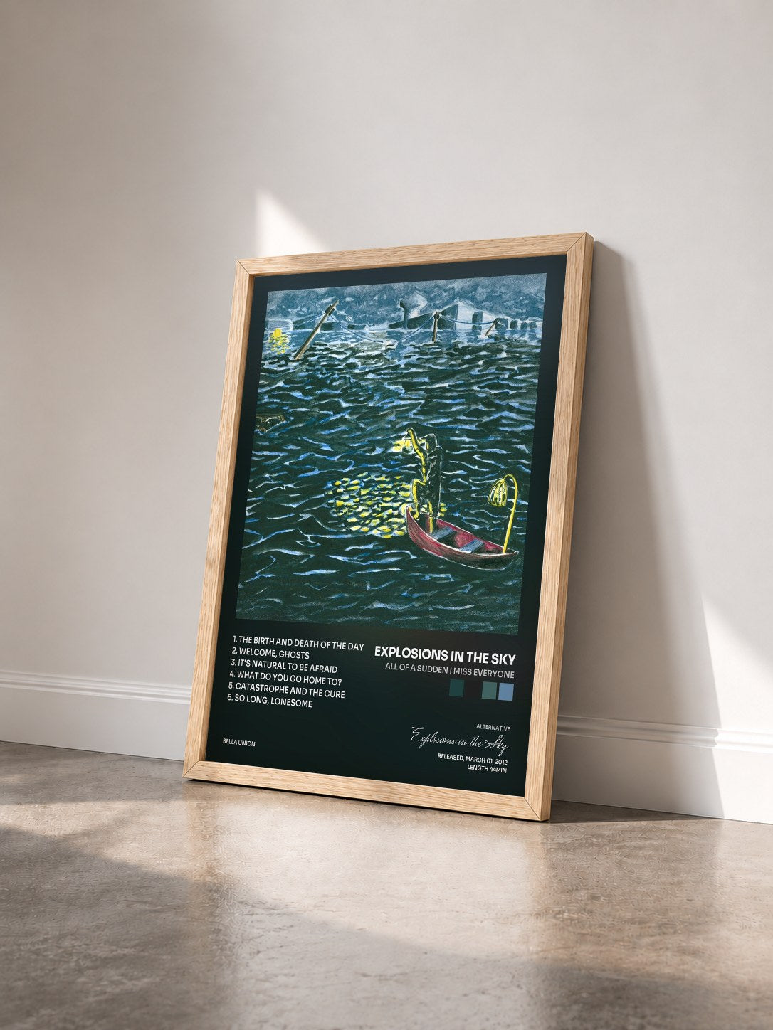#bois Tableau de l'album All of a Sudden I Miss Everyone de Explosions in the Sky vu de trois quarts, cadre en bois brut